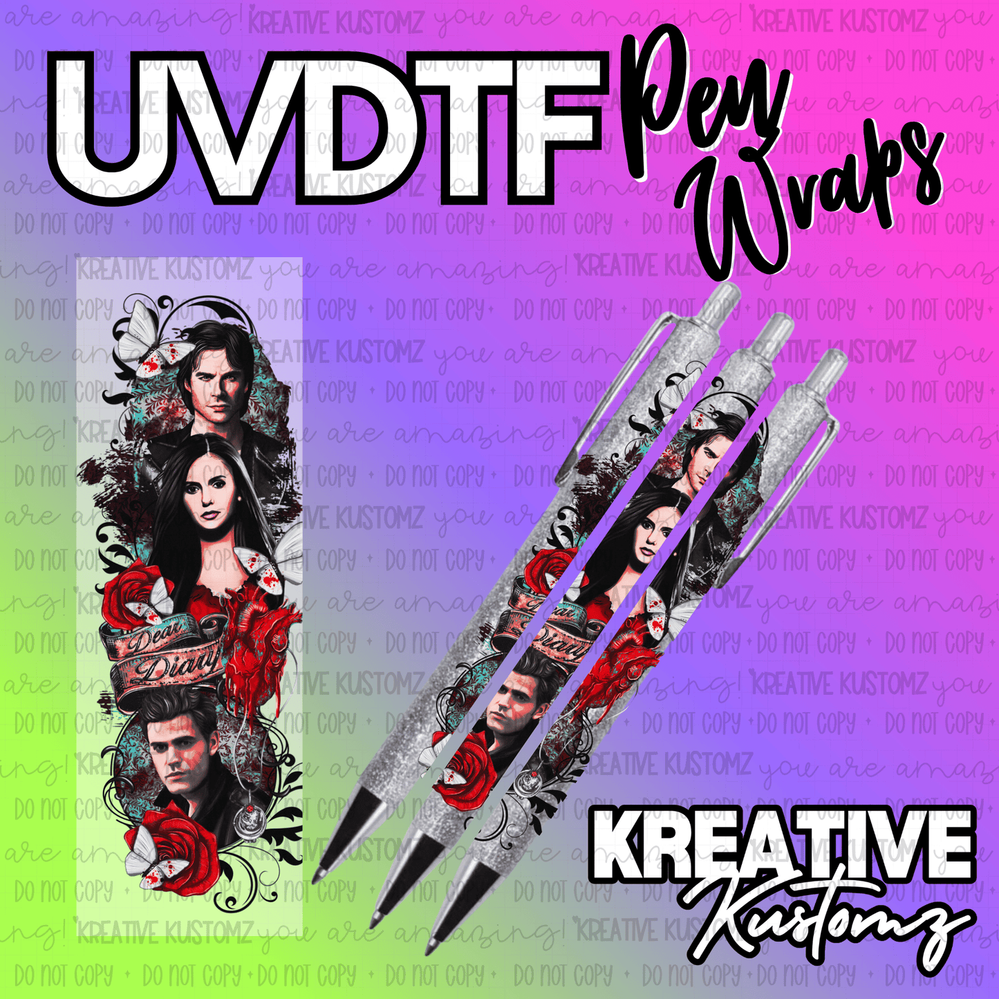 A Vampire Diaries themed UV DTF adhesive pen wrap featuring character portraits and roses.