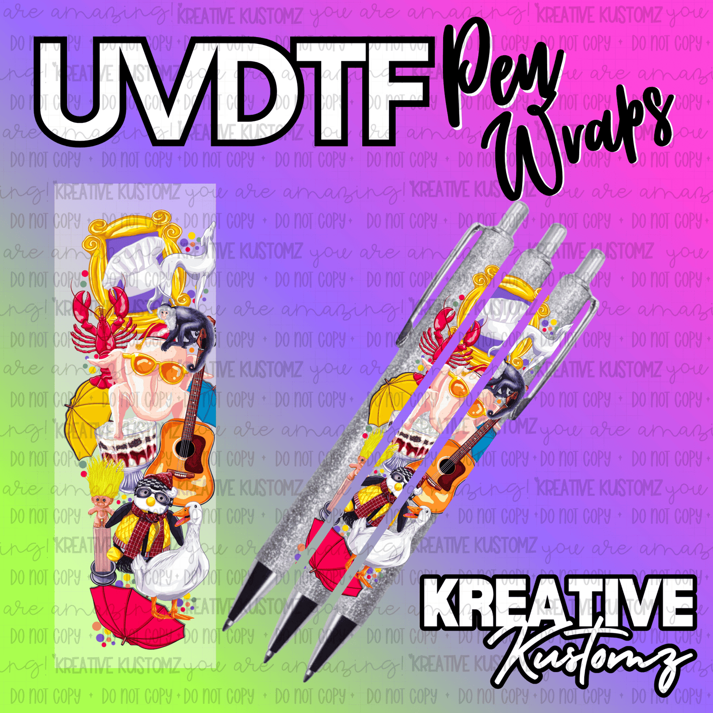 An artistic UV DTF adhesive pen wrap featuring a collage of colorful, whimsical illustrations.
