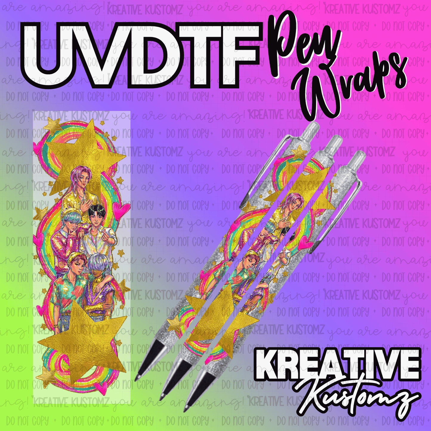 A UV DTF adhesive pen wrap featuring a colorful illustration of five men with gold stars.
