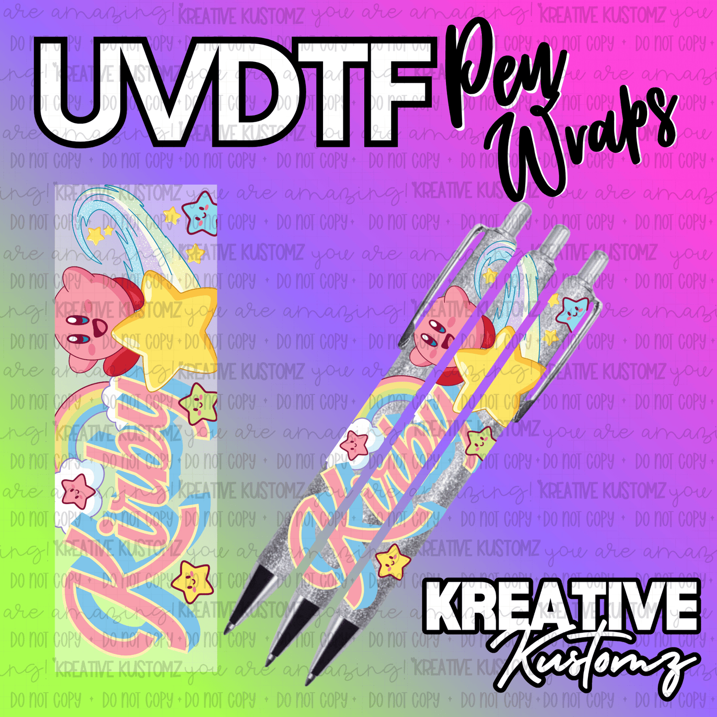 A Kirby themed UV DTF adhesive pen wrap featuring a colorful design with stars and clouds.