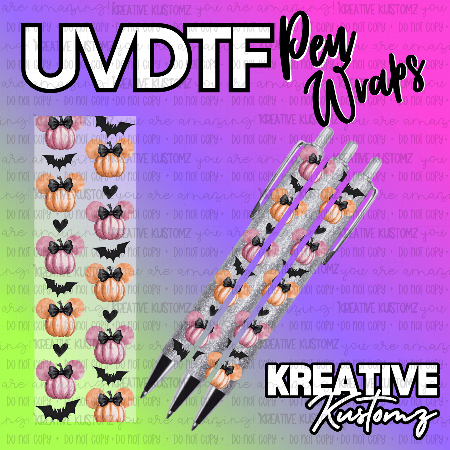 A UV DTF adhesive pen wrap featuring a pattern of pink and orange pumpkin icons and black bats.