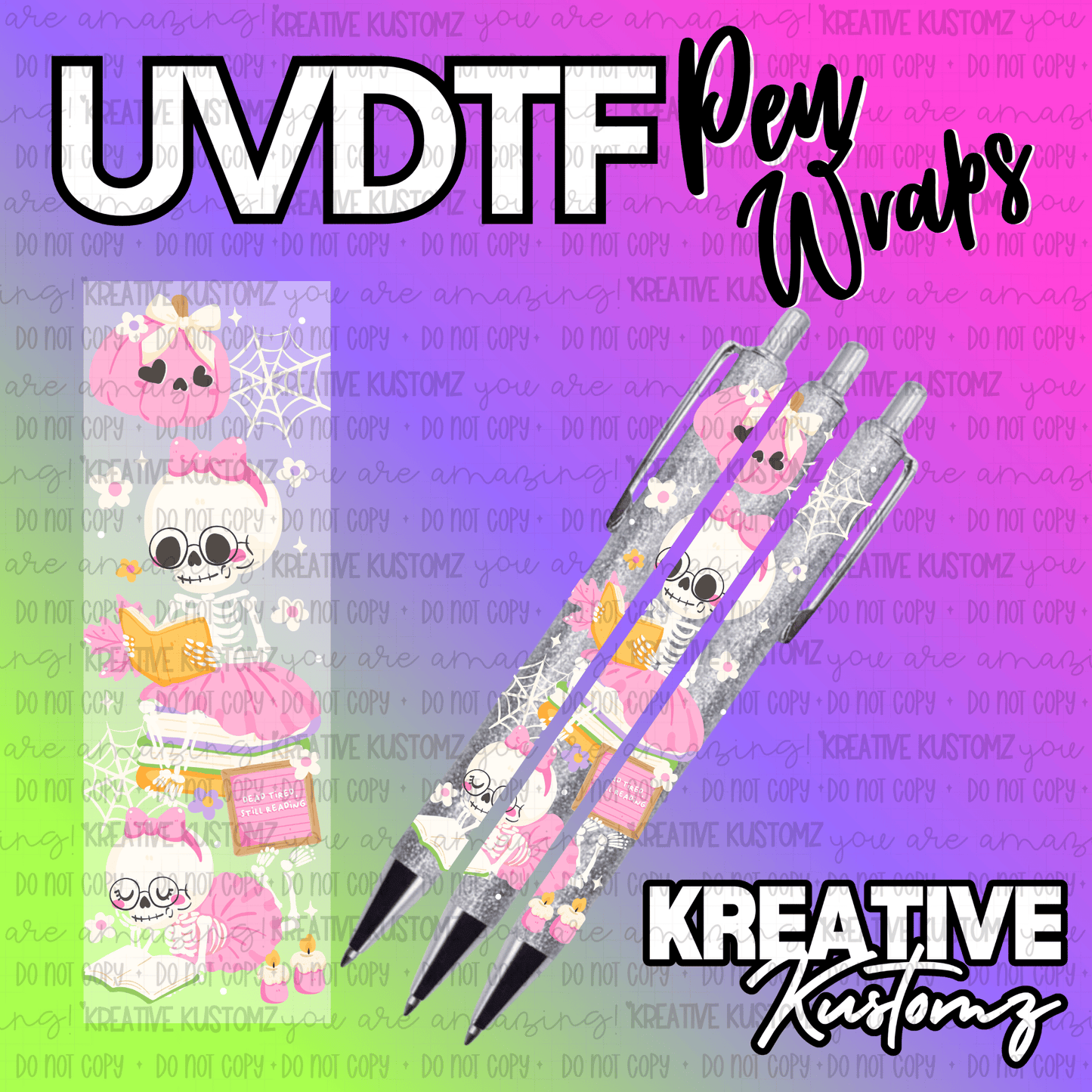 A UV DTF adhesive pen wrap featuring a skeleton reading a book with pink accents and spiderwebs.