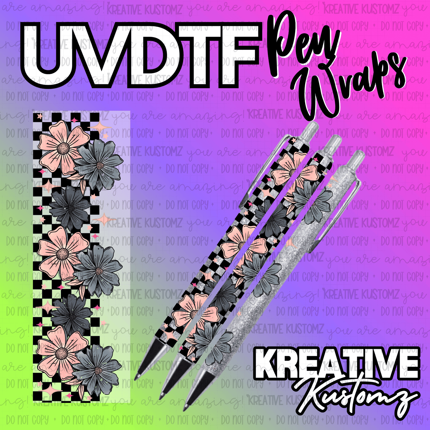 A floral UV DTF pen wrap featuring a black and white checkered pattern with pink and grey flowers.