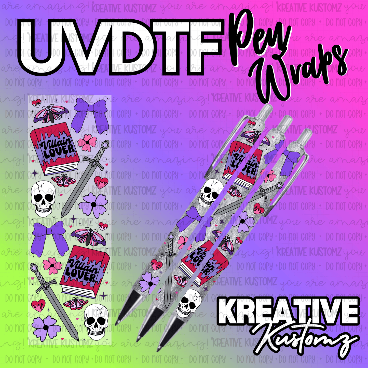 A UV DTF adhesive pen wrap featuring a villain lover book, skull, sword, and purple bow design.
