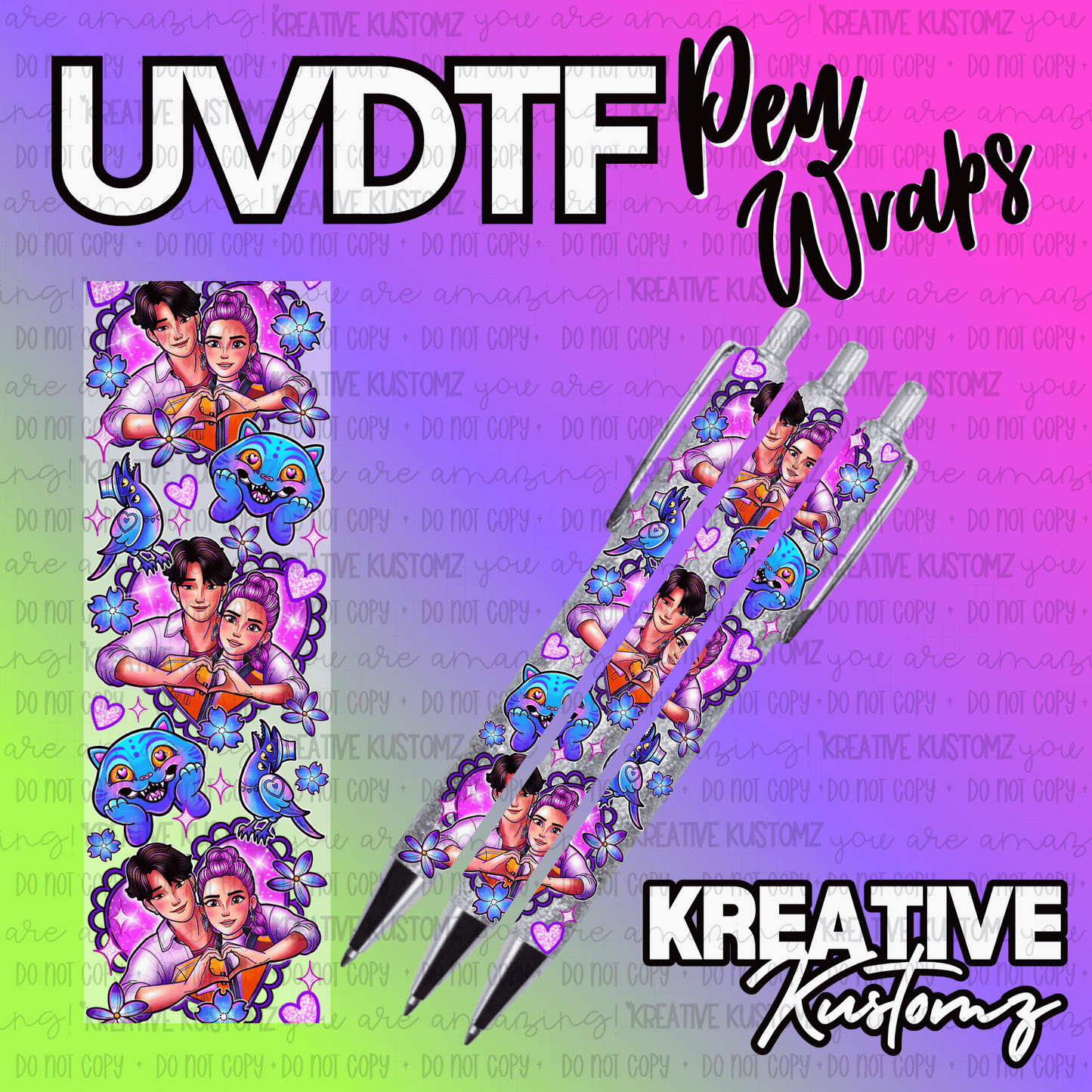 A UV DTF adhesive pen wrap featuring a couple making a heart shape surrounded by floral motifs.