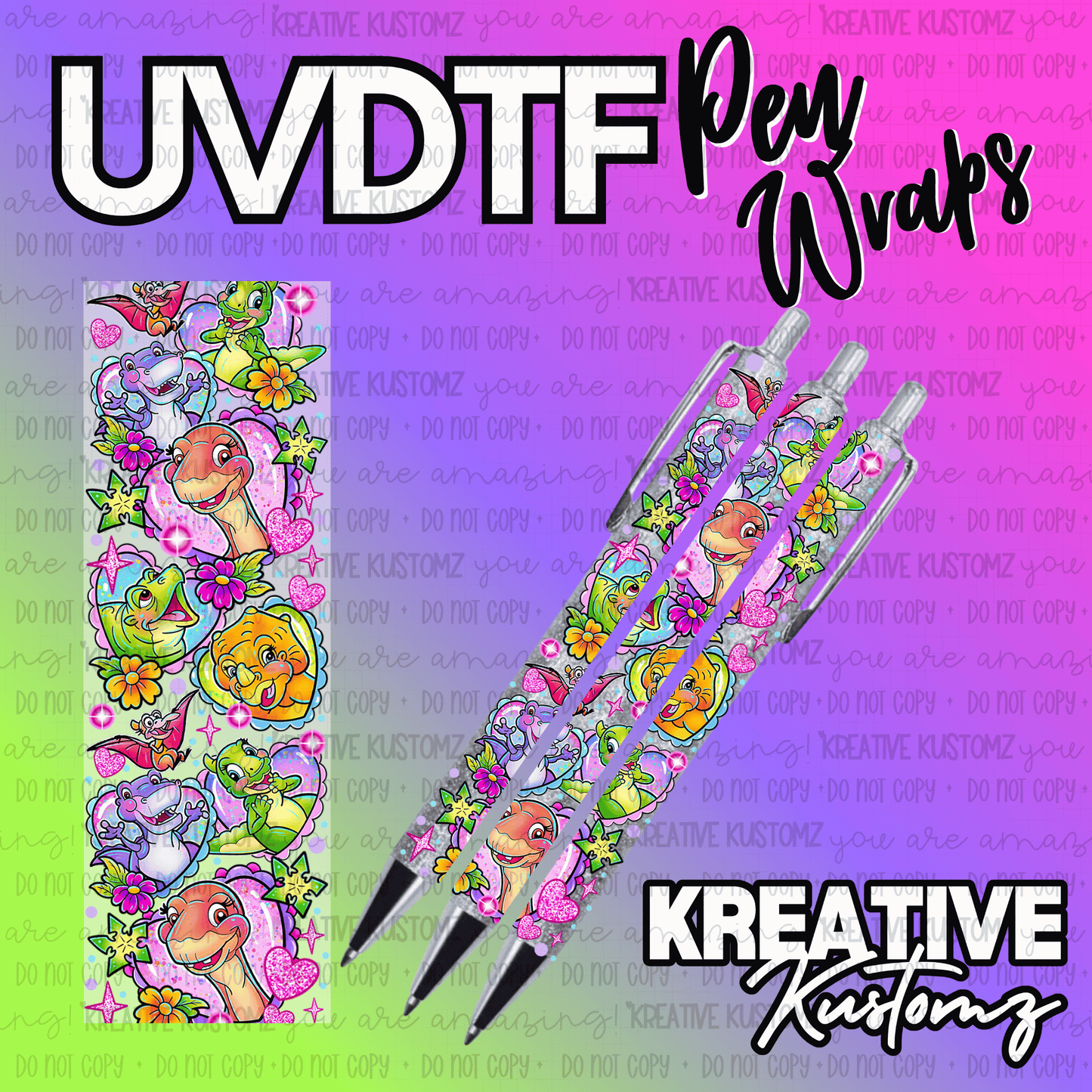 A UV DTF adhesive pen wrap featuring a colorful cartoon dinosaur pattern.