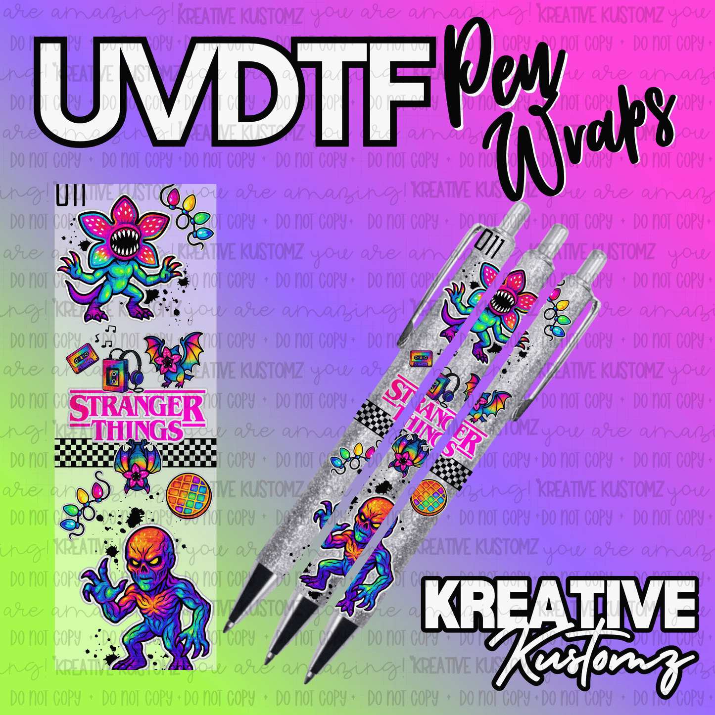 A Stranger Things themed UV DTF adhesive pen wrap featuring colorful monster and icon designs.