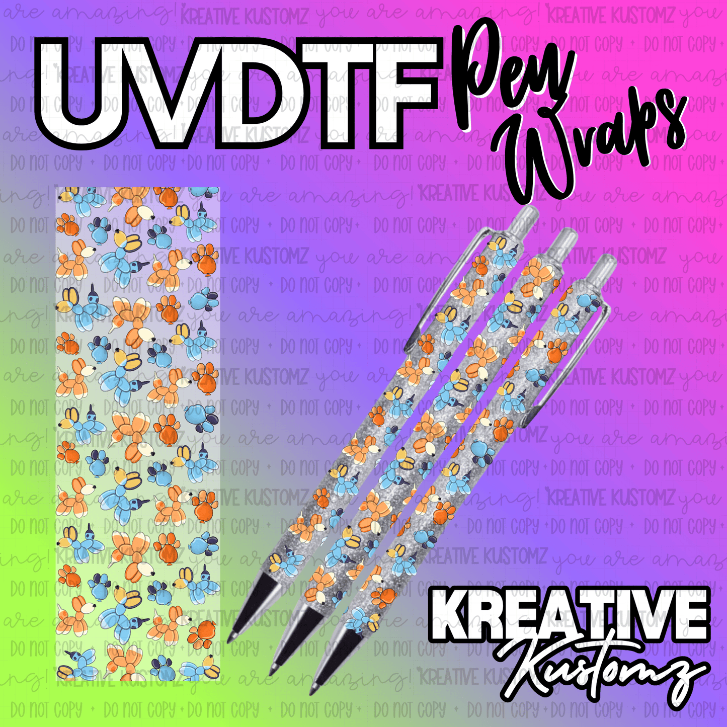 A UV DTF adhesive pen wrap featuring a pattern of orange and blue balloon animals and paw prints.