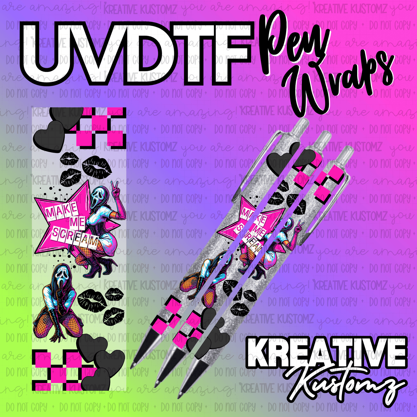 A vibrant UV DTF pen wrap featuring a pink star, ghost character, and black hearts.