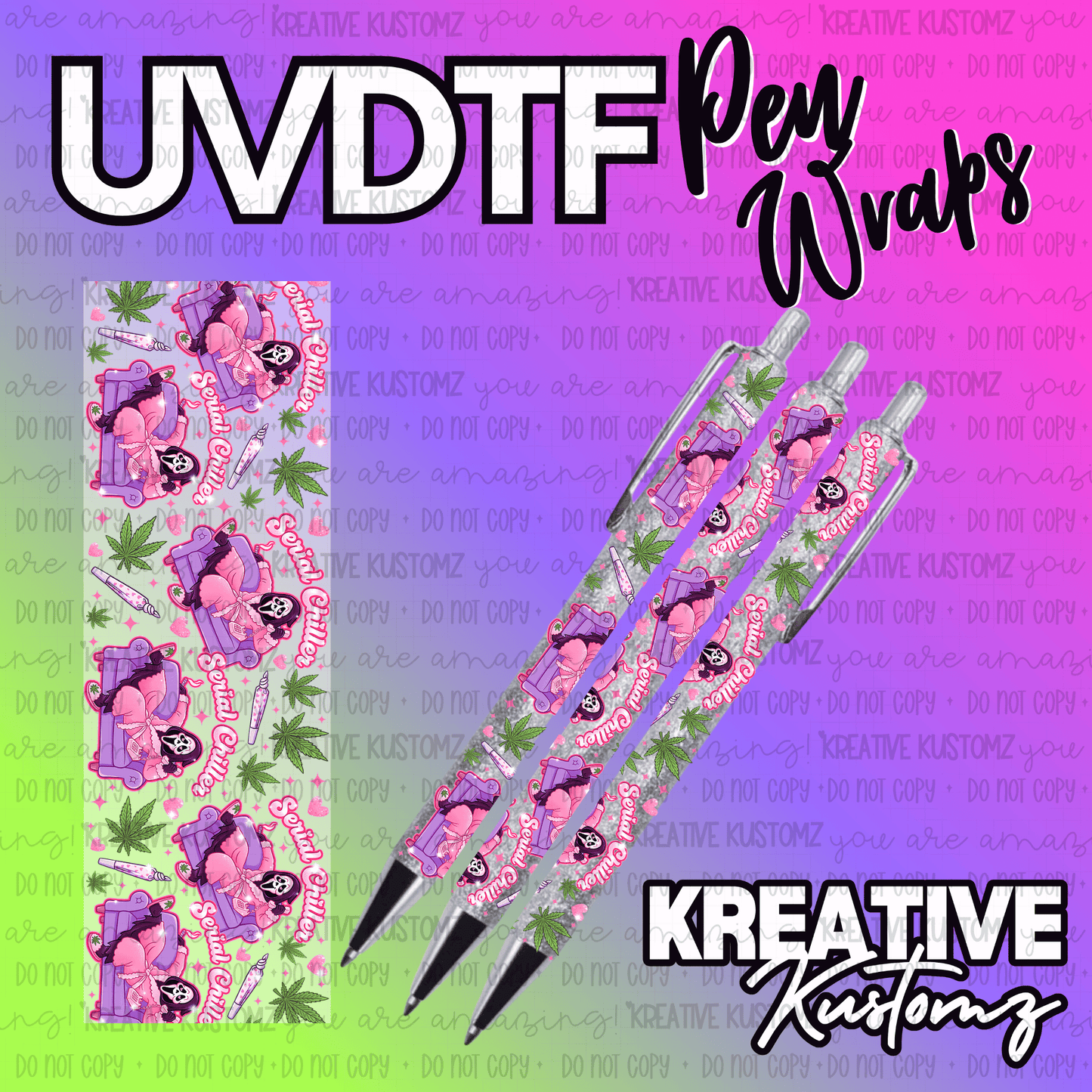 A UV DTF pen wrap featuring a Ghostface character lounging with cannabis leaves and joints.