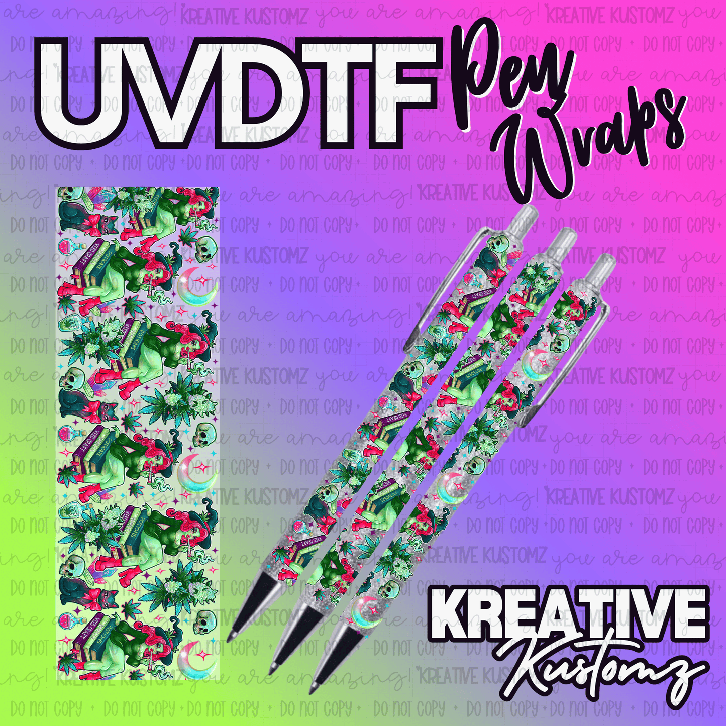 A UV DTF adhesive pen wrap featuring a witch, skulls, and cannabis leaf pattern.