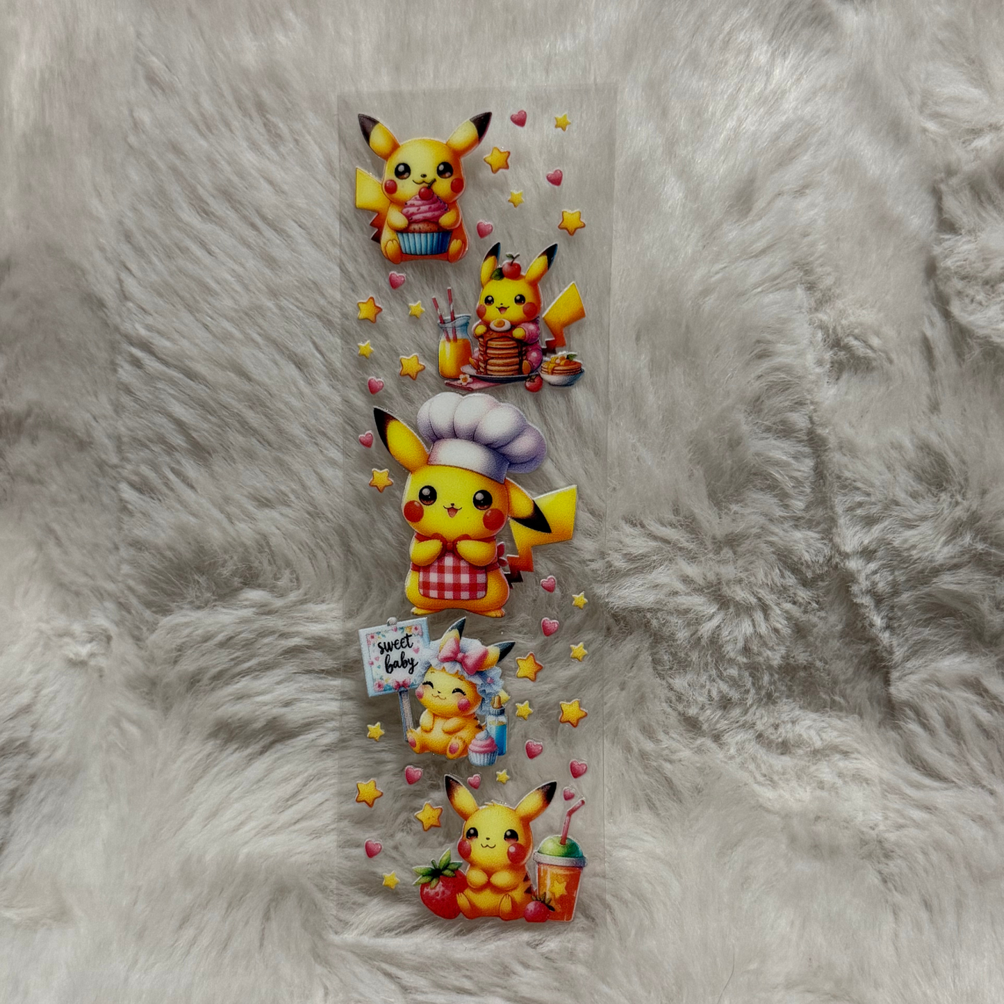 A vertical UV DTF adhesive decal featuring five cute Pikachu illustrations with food and stars.