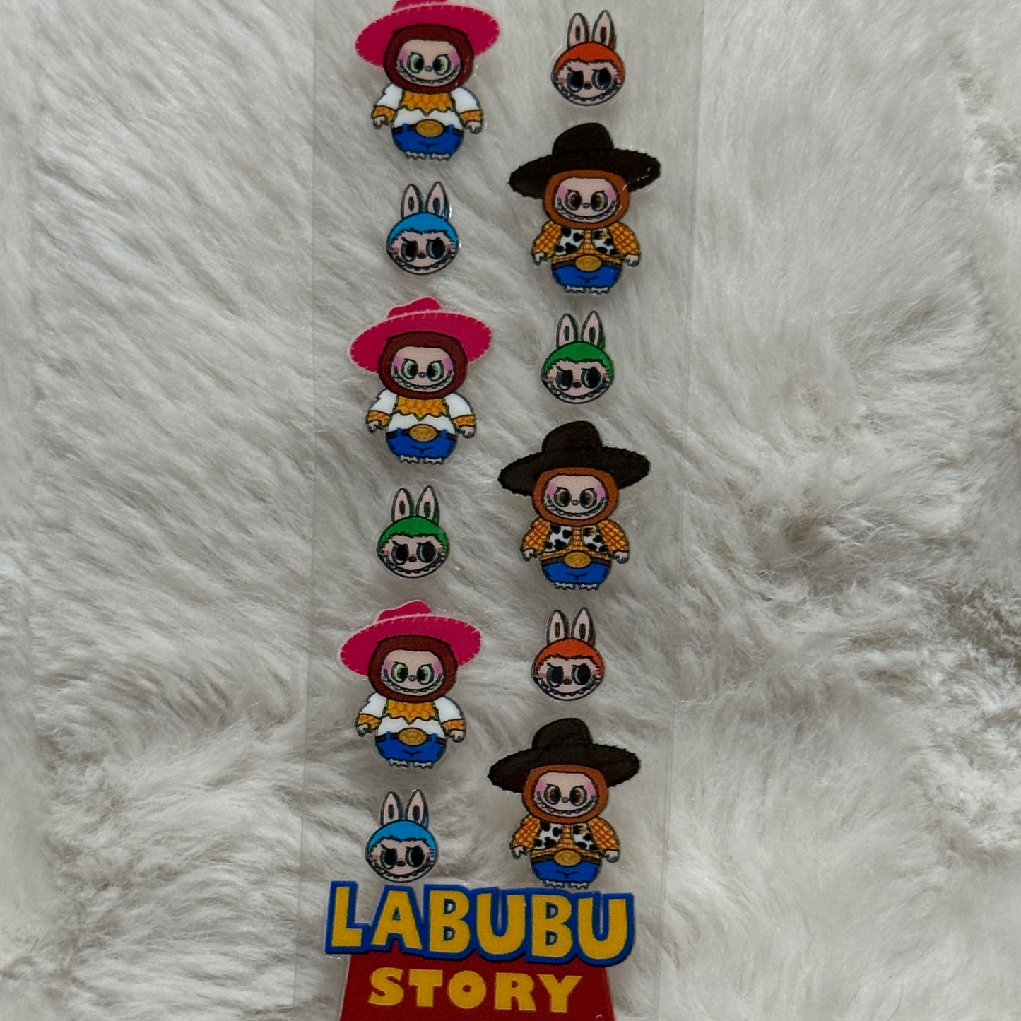 A vertical sheet of Labubu Story stickers featuring cartoon characters in cowboy outfits.