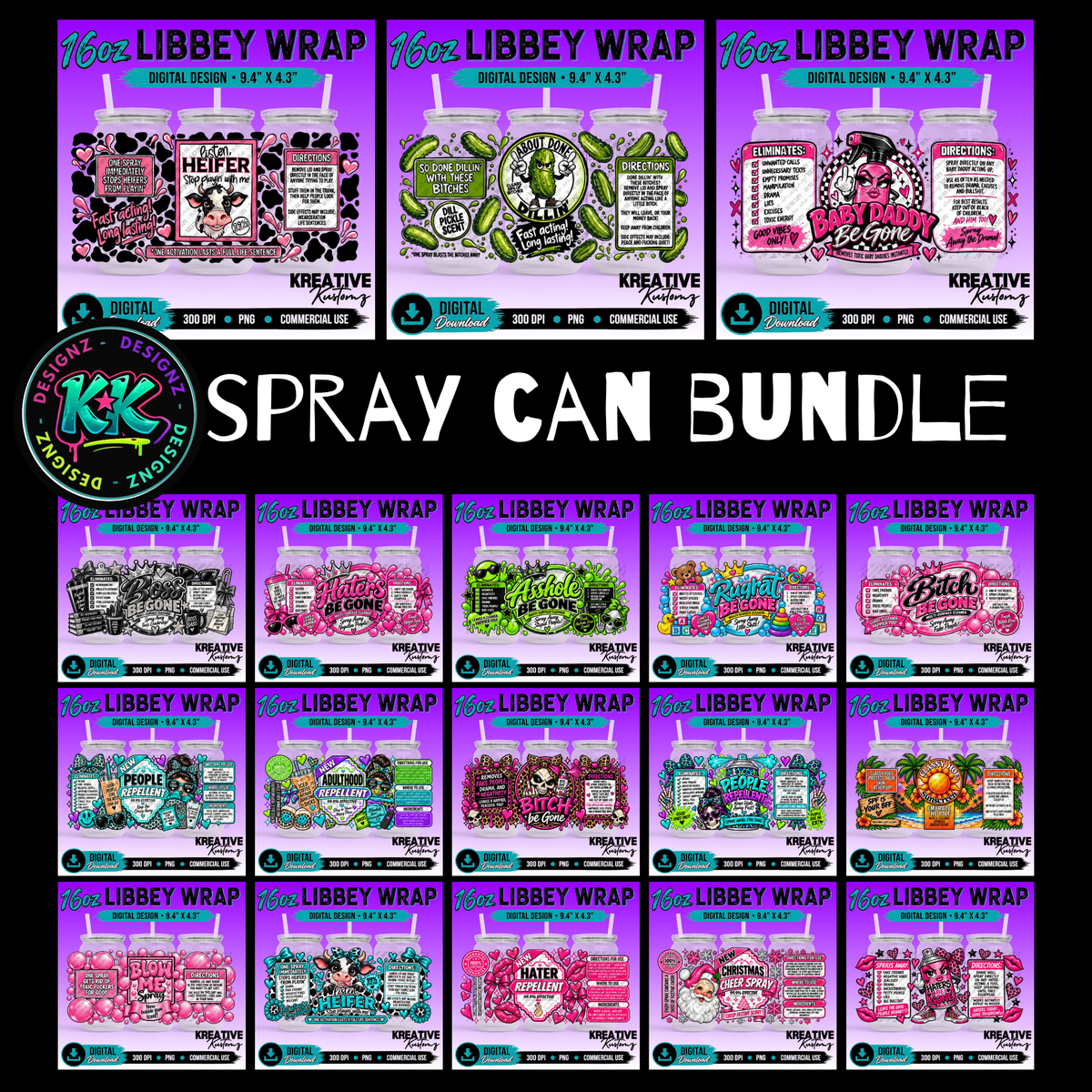 Spray Cans | 16oz Libbey Glass Can Wrap PNG - Digital Download Bundle