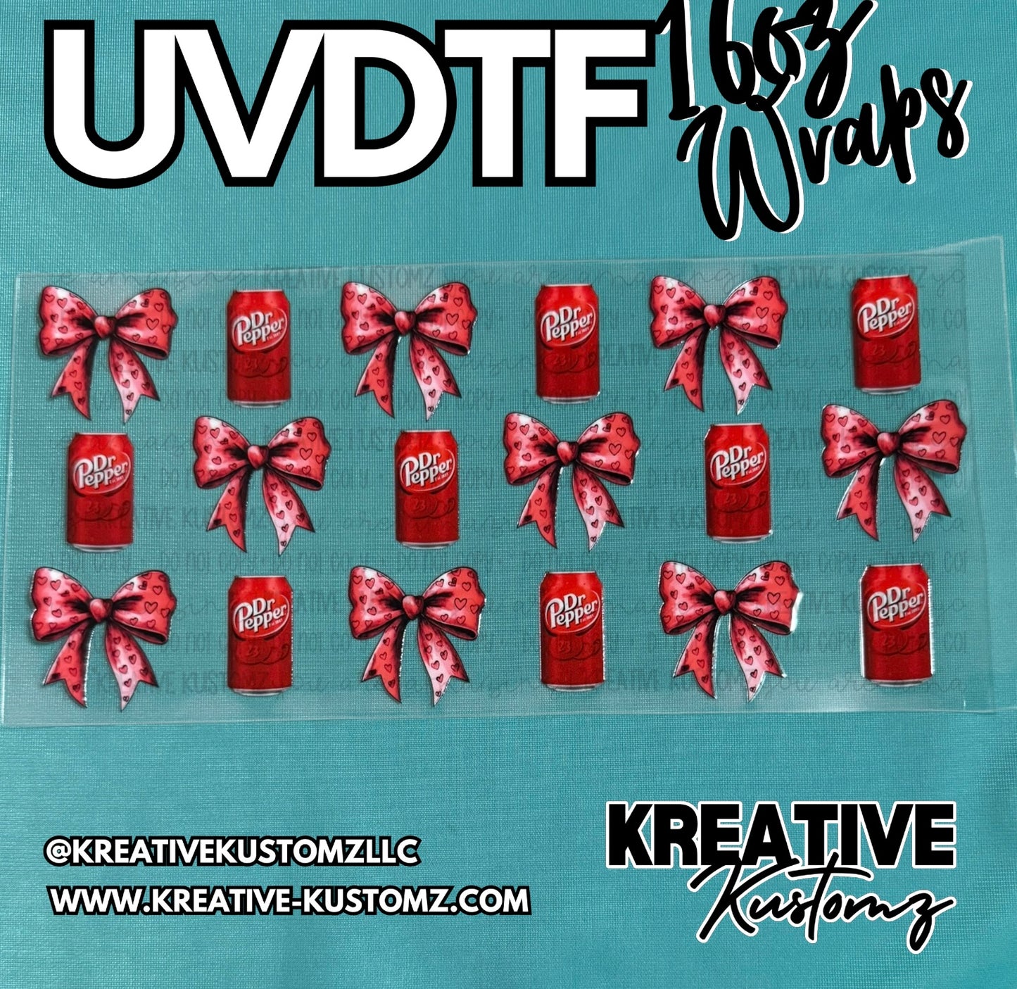 A sheet of UV DTF cup wrap decals featuring alternating Dr. Pepper cans and heart-patterned bows.