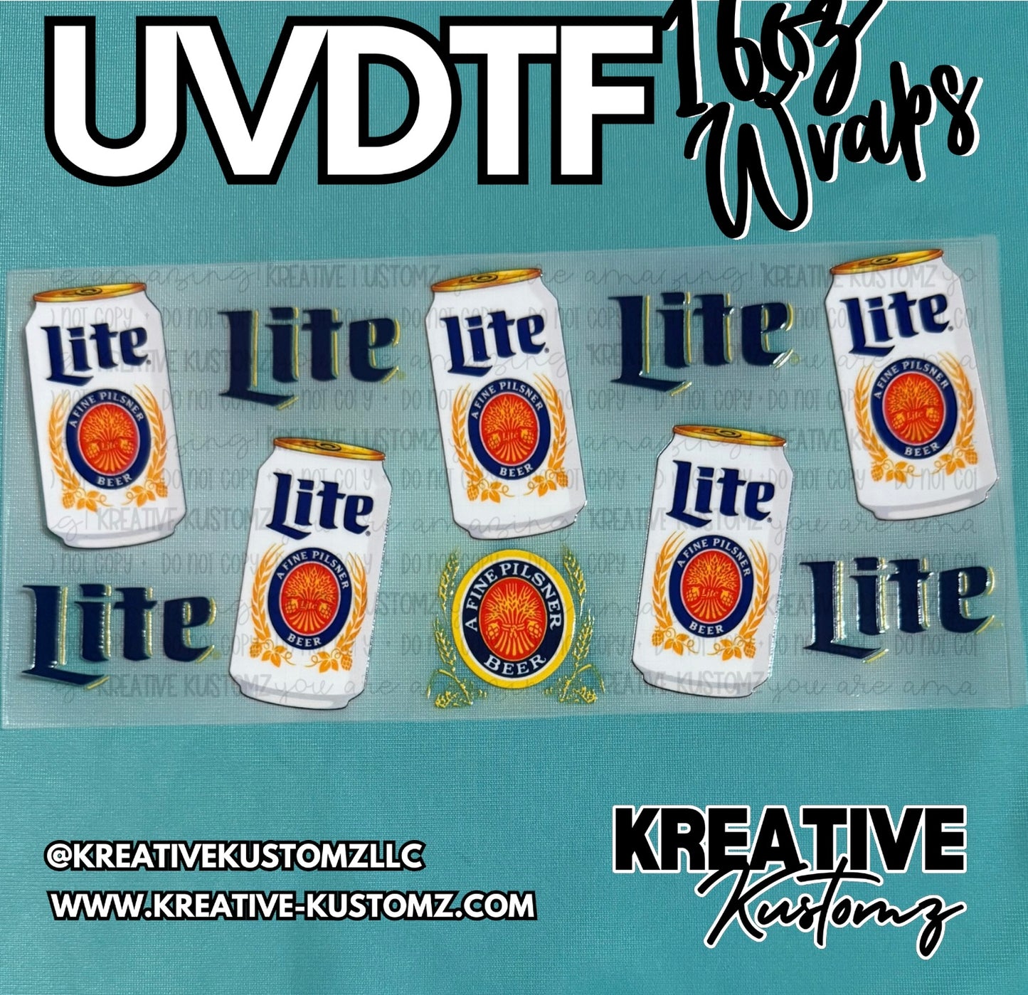 A sheet of Miller Lite themed UV DTF adhesive decals for 16oz glass cups.