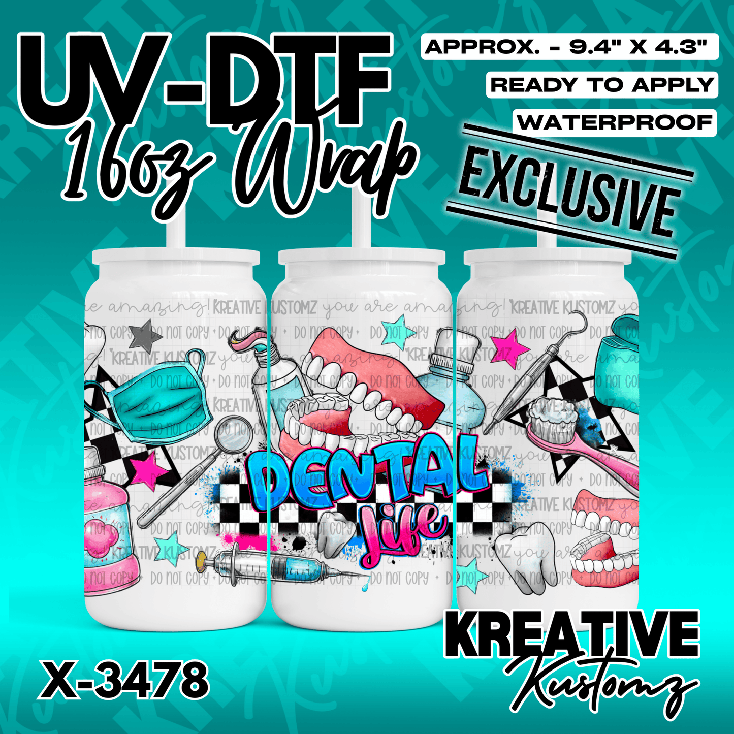 A dental themed UV DTF wrap for a 16oz glass can featuring teeth, tools, and colorful accents.
