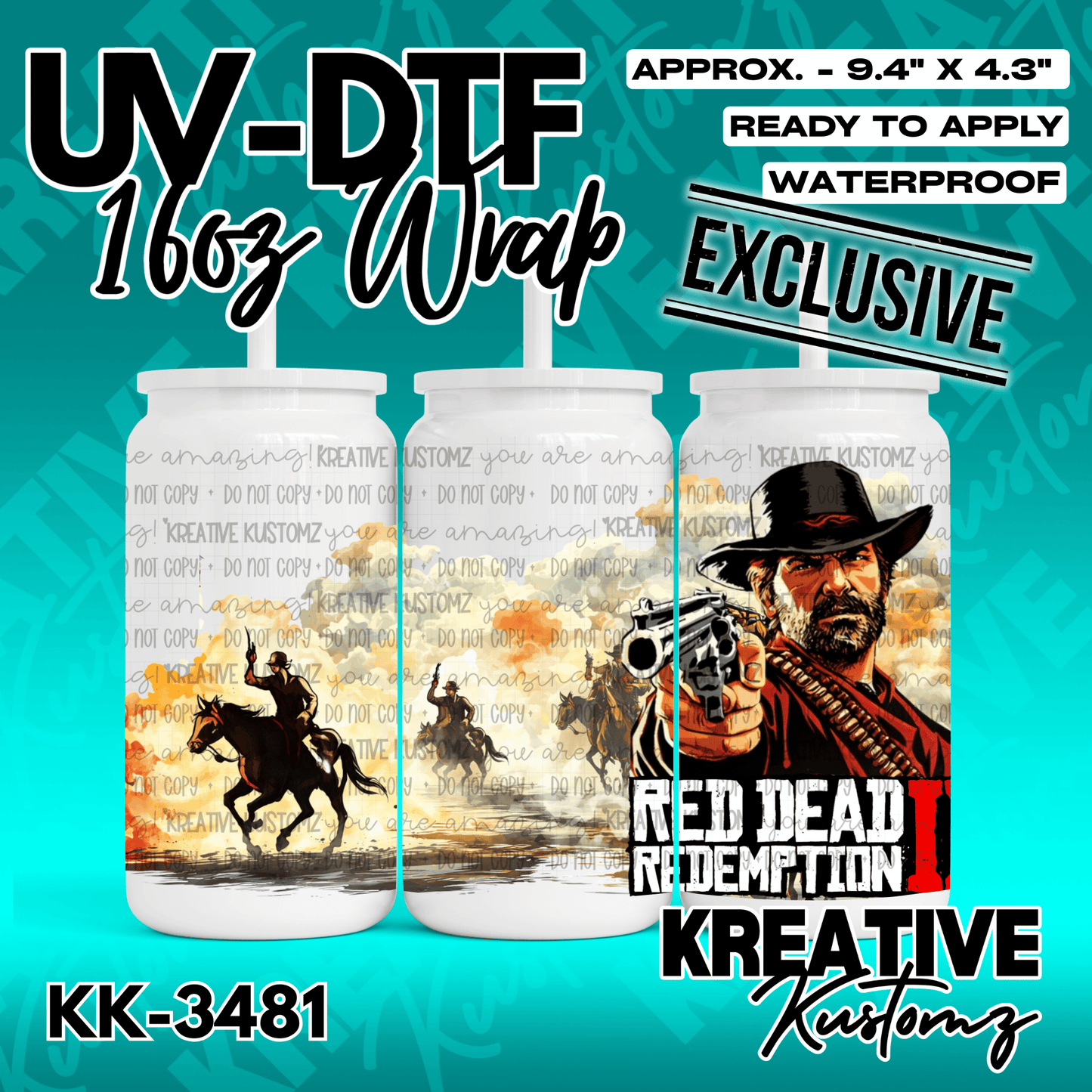 A Red Dead Redemption themed UV DTF wrap for a 16oz glass can.