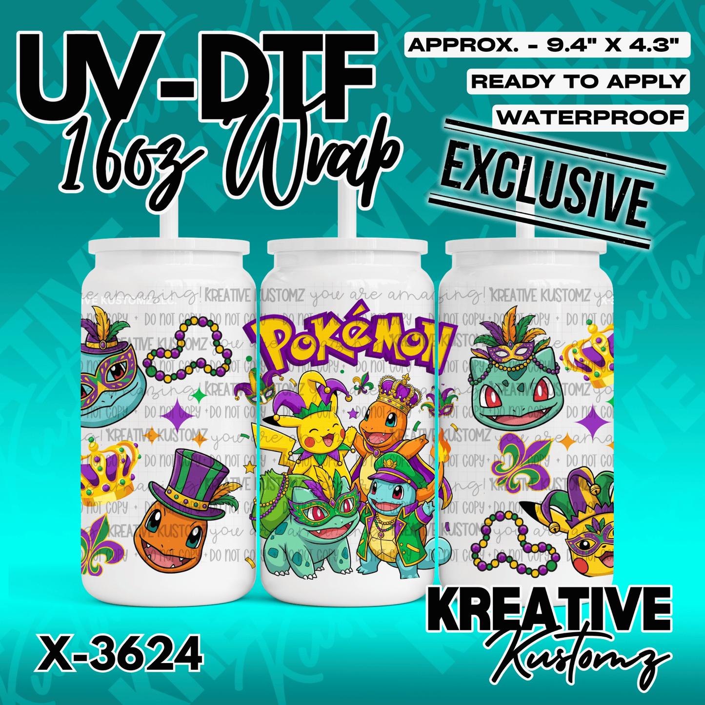 A waterproof UV DTF cup wrap featuring Pokemon characters dressed in Mardi Gras attire.