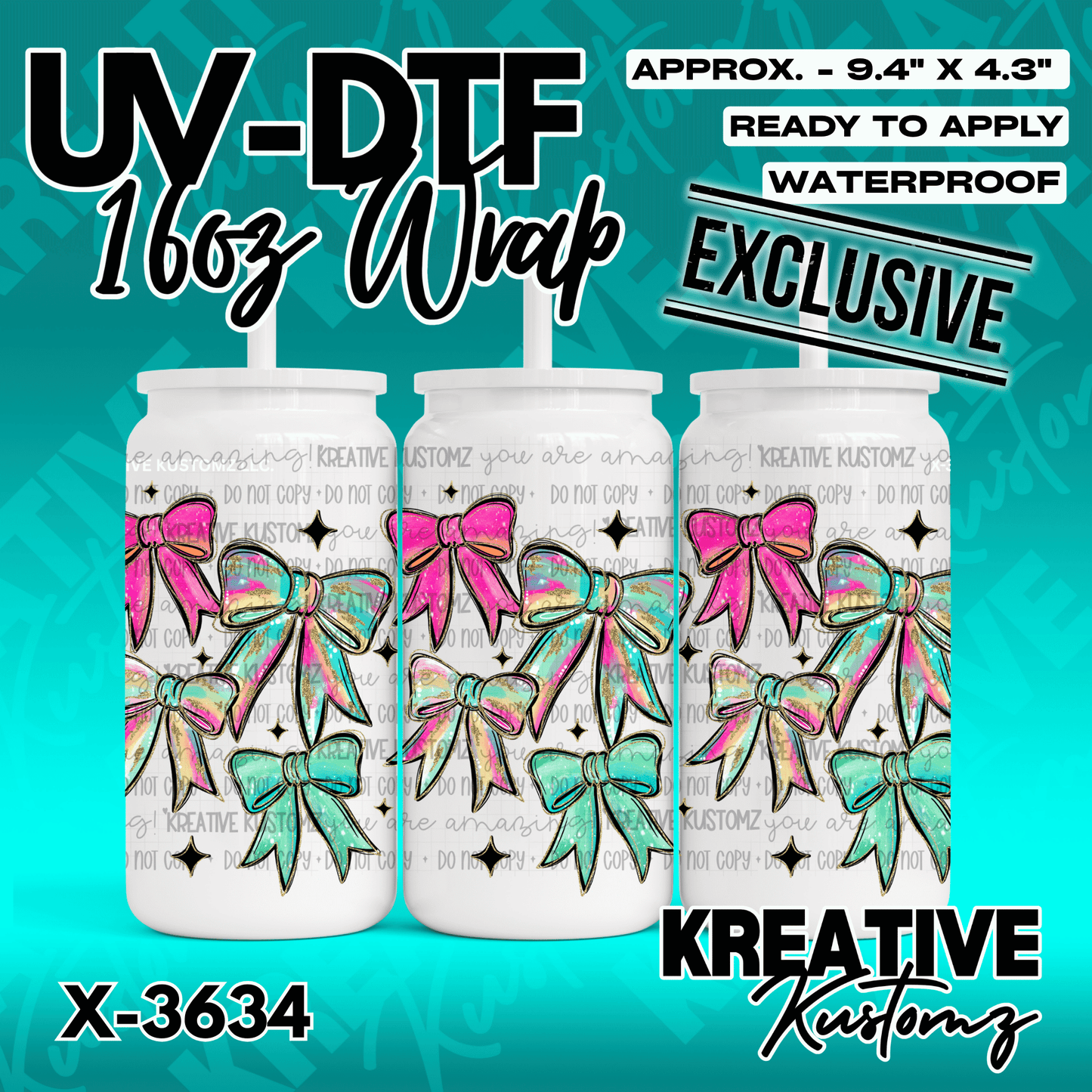 A UV DTF adhesive wrap for 16oz glass cans featuring a pattern of pink and teal bows.