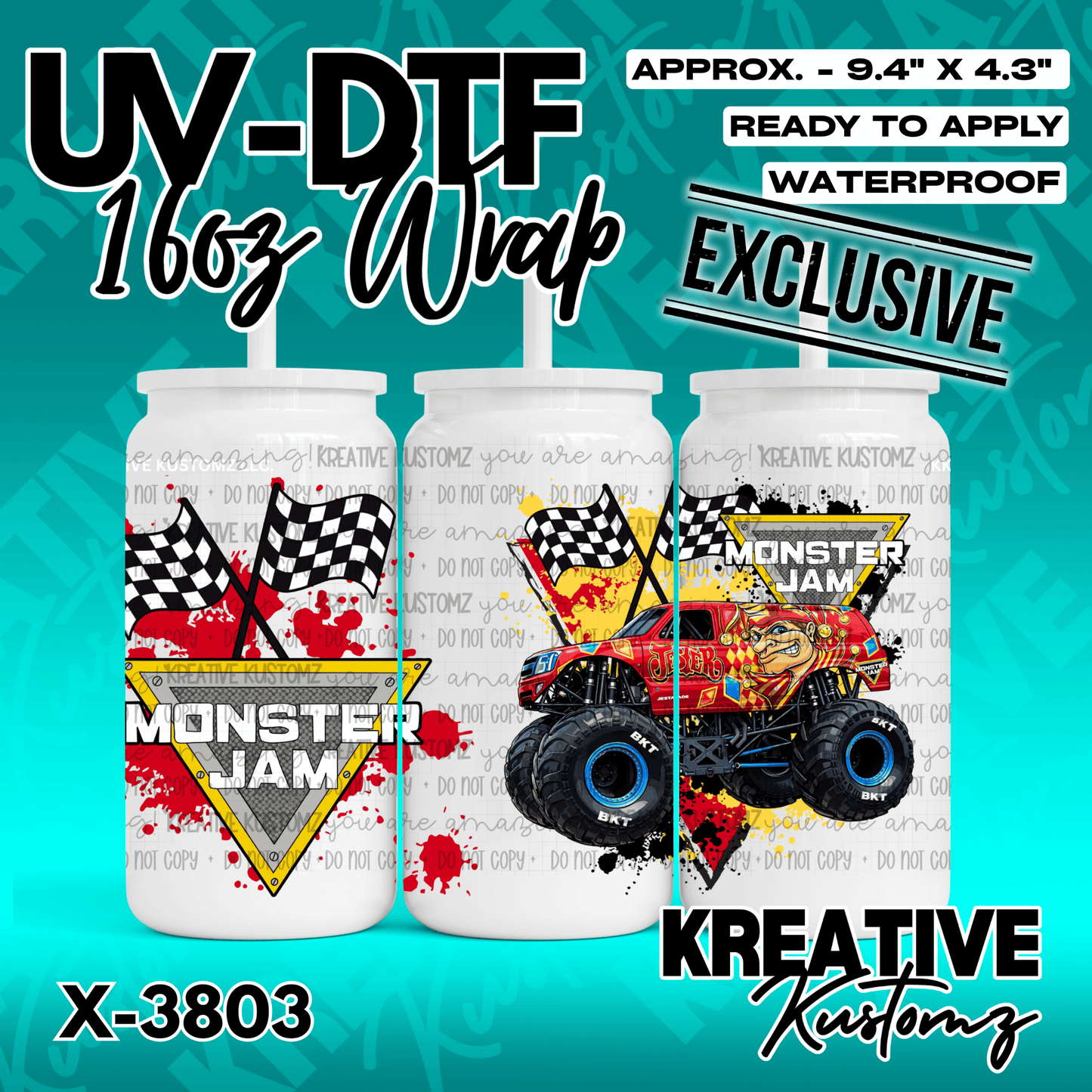 A Monster Jam themed UV DTF adhesive wrap for a 16oz glass cup featuring a monster truck design.