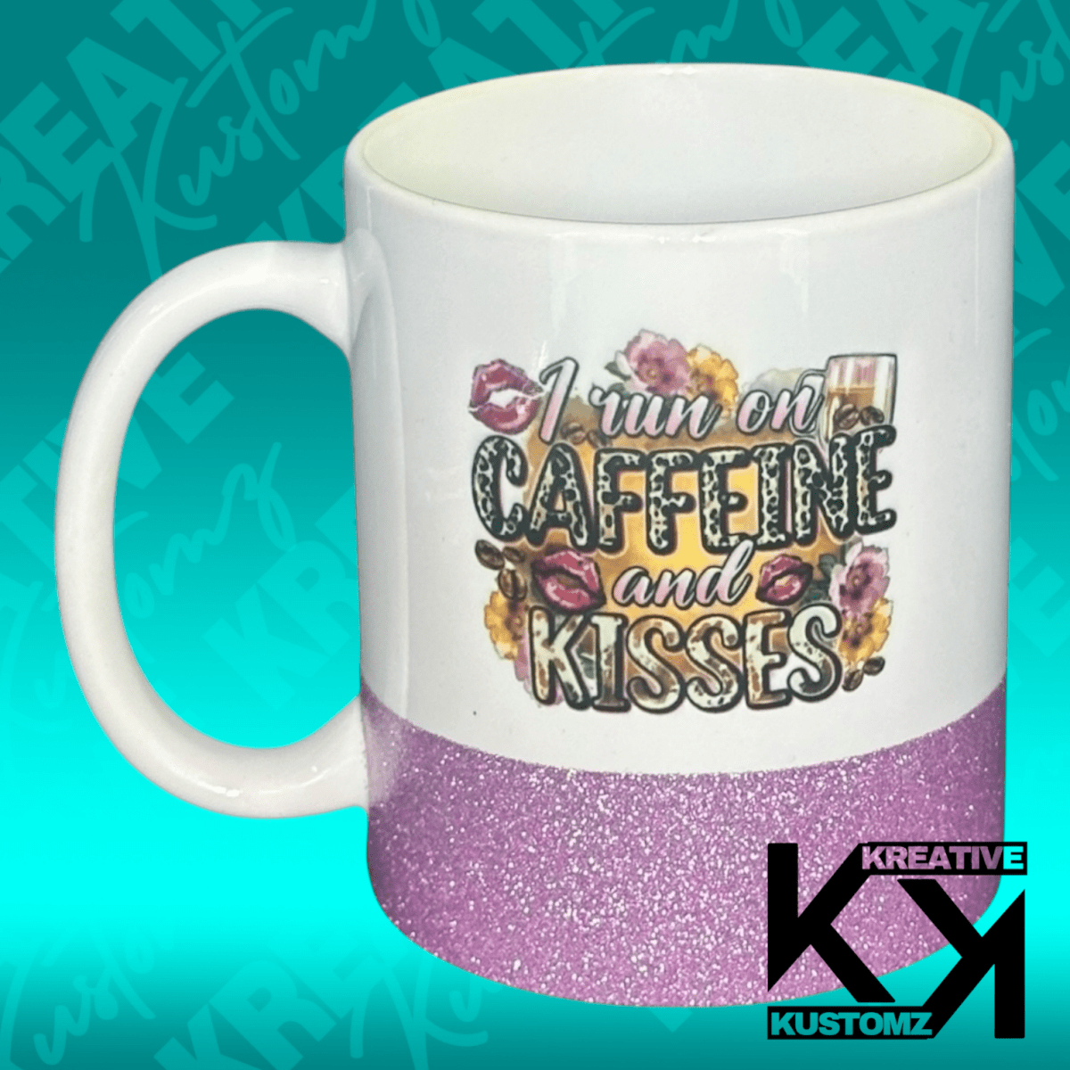 Caffeine & Kisses 11oz Mug - Pink Glitter - Kreative Kustomz