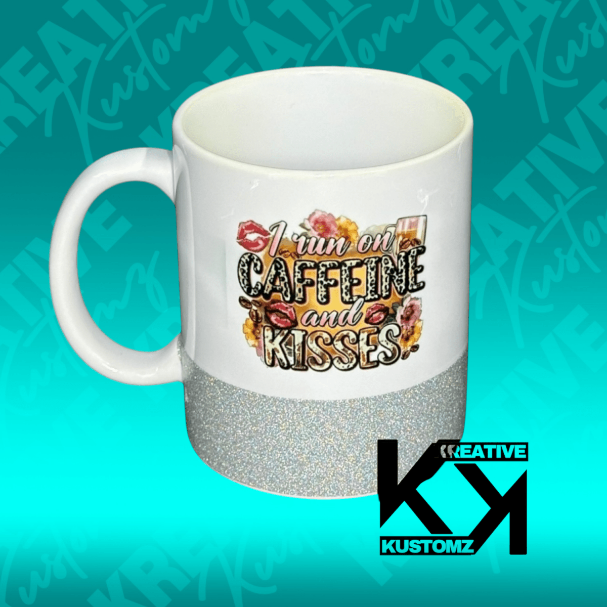 Caffeine & Kisses 11oz Mug - Silver Glitter - Kreative Kustomz
