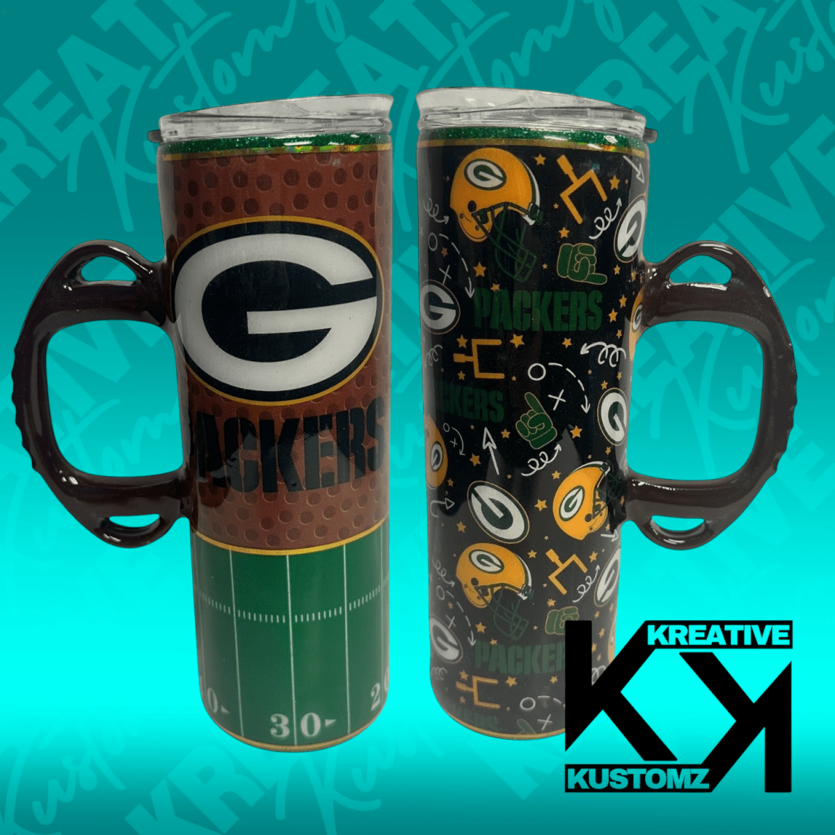 Green & Gold Football Handle Tumbler - 20oz - Kreative Kustomz
