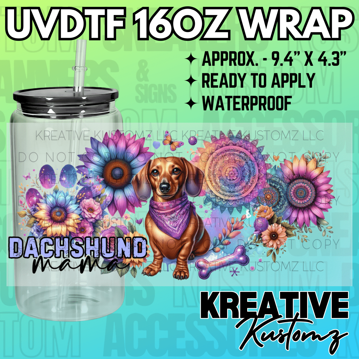 A UV DTF cup wrap featuring a dachshund, sunflowers, and mandalas for a 16oz glass can.