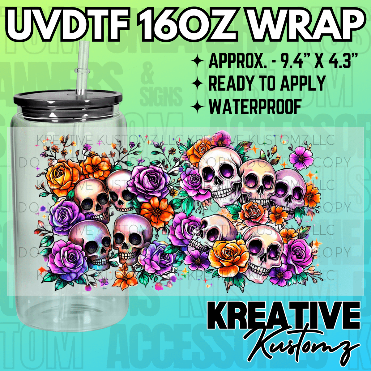A UV DTF adhesive cup wrap featuring a floral and skull design for a 16oz glass can.
