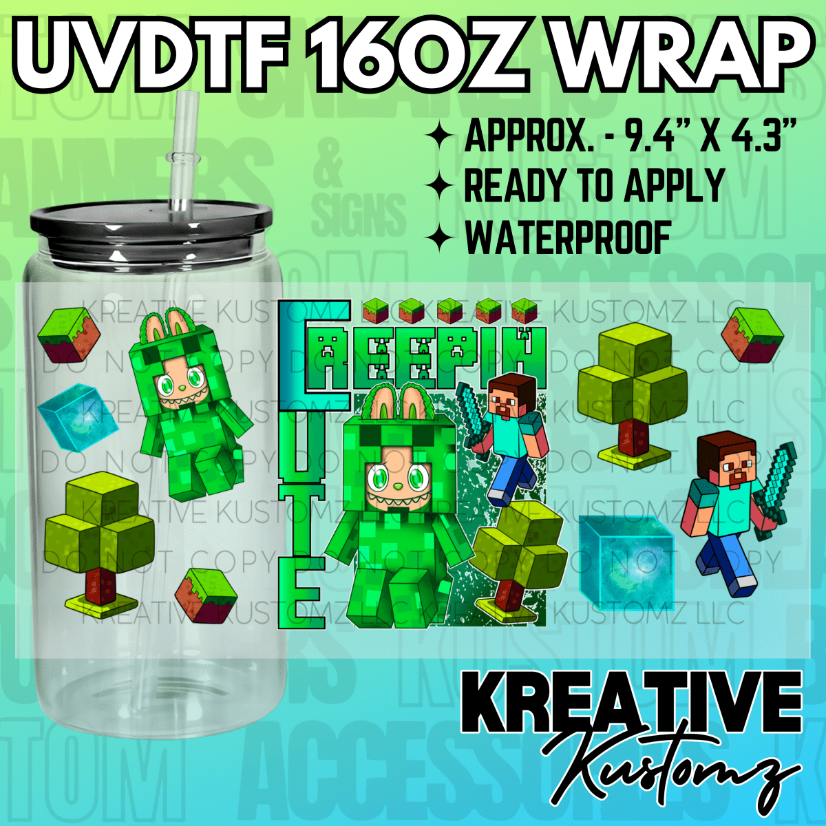 A gamer themed adhesive wrap for a 16oz glass cup featuring Minecraft inspired characters.