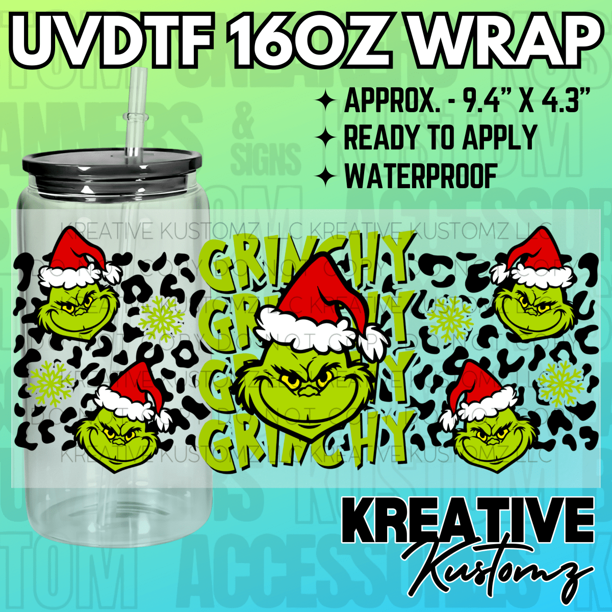 A Grinch-themed adhesive wrap for a 16oz glass cup featuring a leopard print and snowflake pattern.