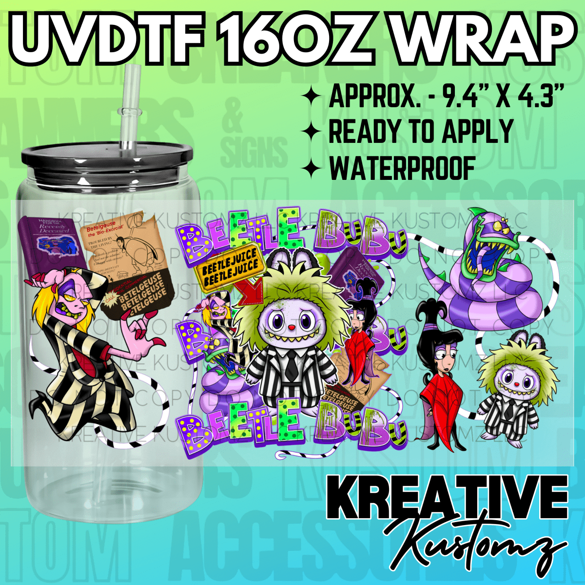 A Beetlejuice themed UV DTF adhesive wrap for a 16oz glass can cup.