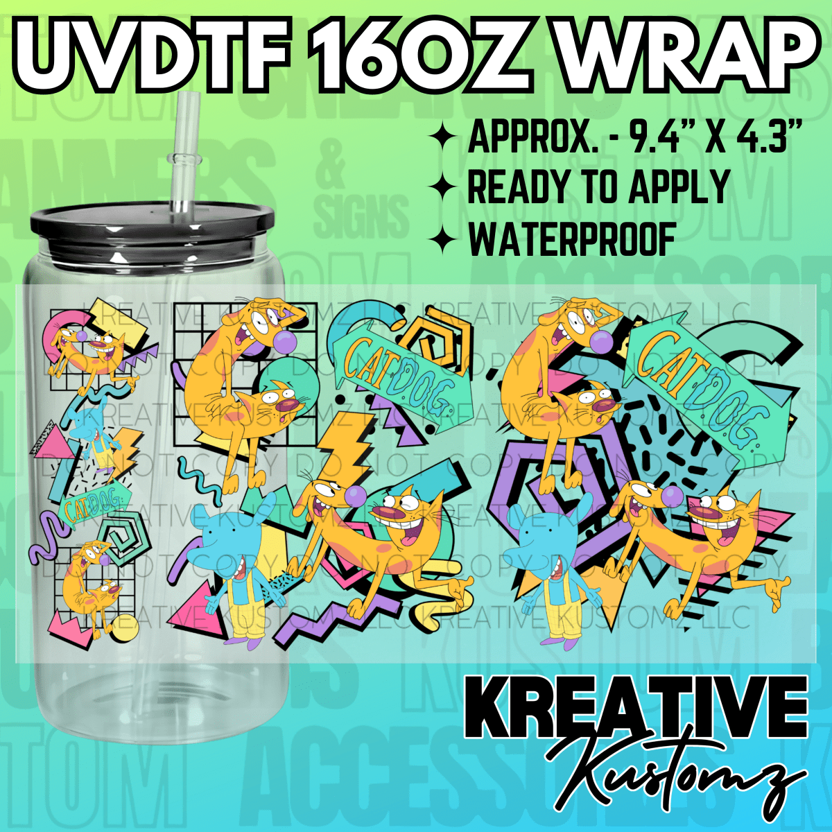 A CatDog themed UV DTF adhesive wrap for a 16oz glass cup featuring 90s style geometric shapes.
