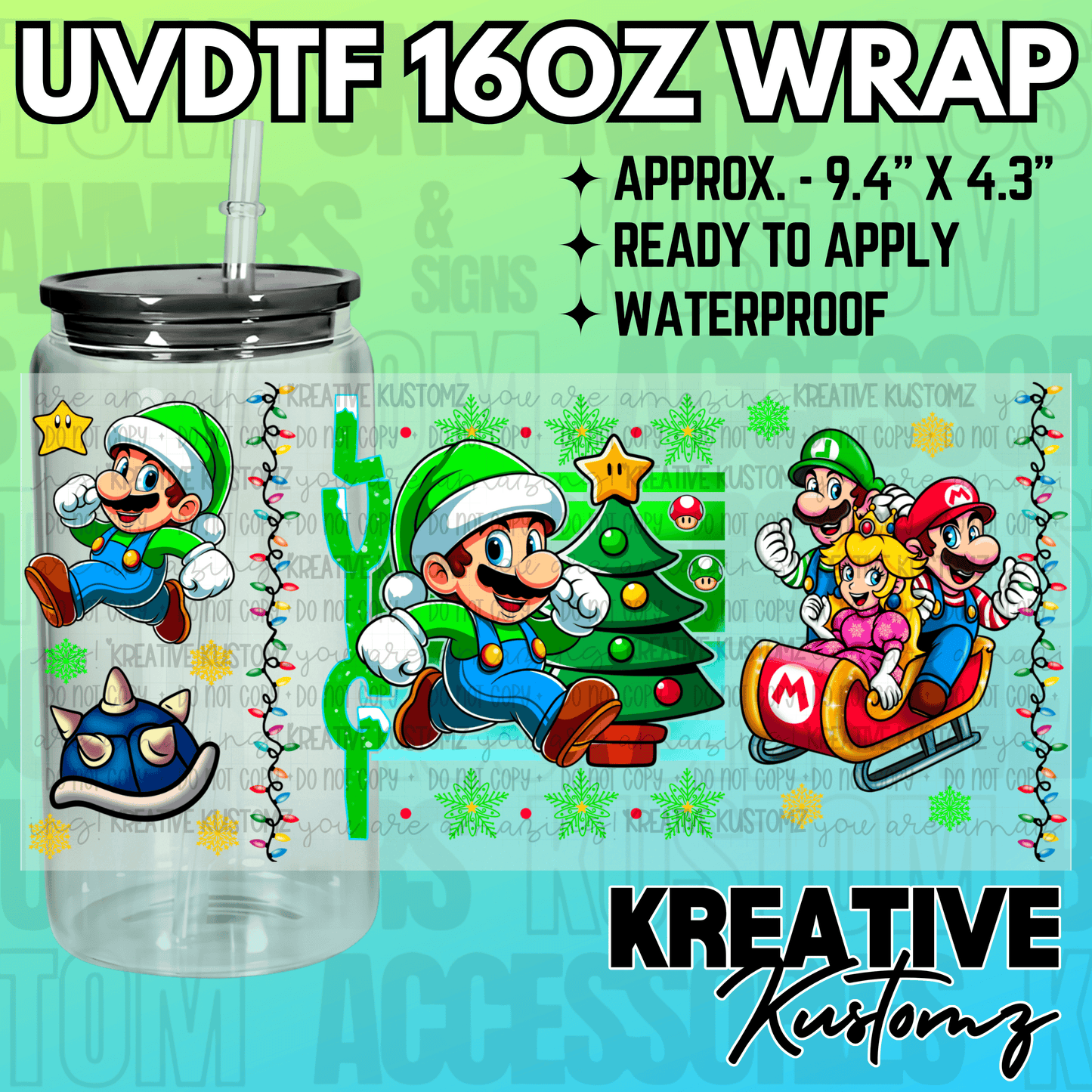 A festive Mario-themed UV DTF wrap for a 16oz glass can featuring holiday characters and designs.