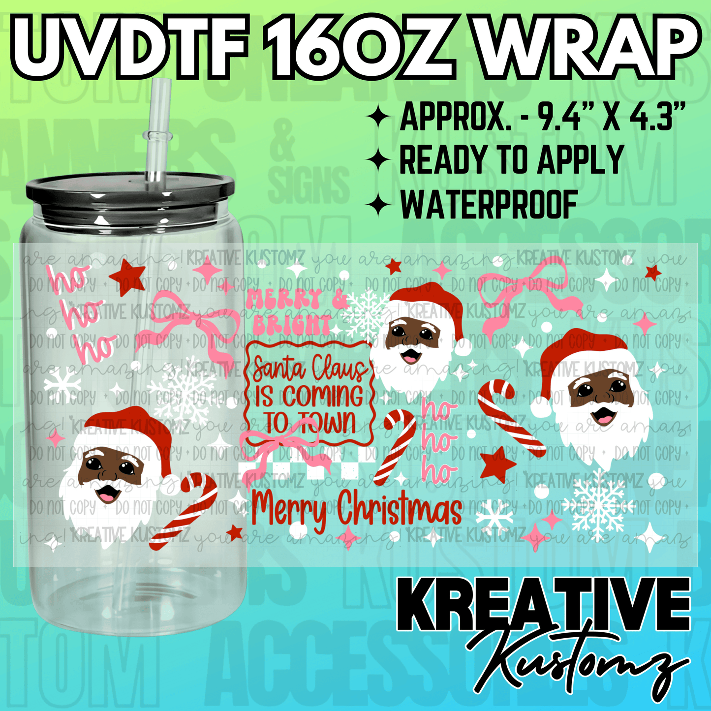 A Christmas-themed UV DTF adhesive wrap for 16oz glass cans featuring Santa and holiday text.