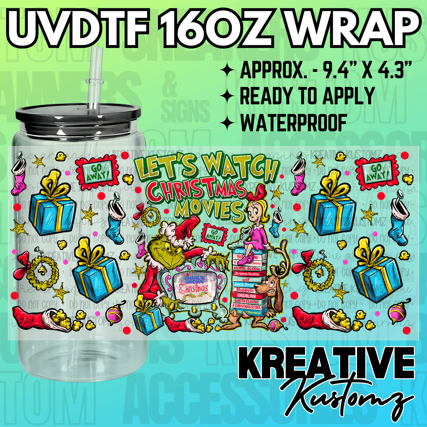 A festive Christmas-themed UV DTF wrap for a 16oz glass can featuring Grinch and Cindy Lou Who.