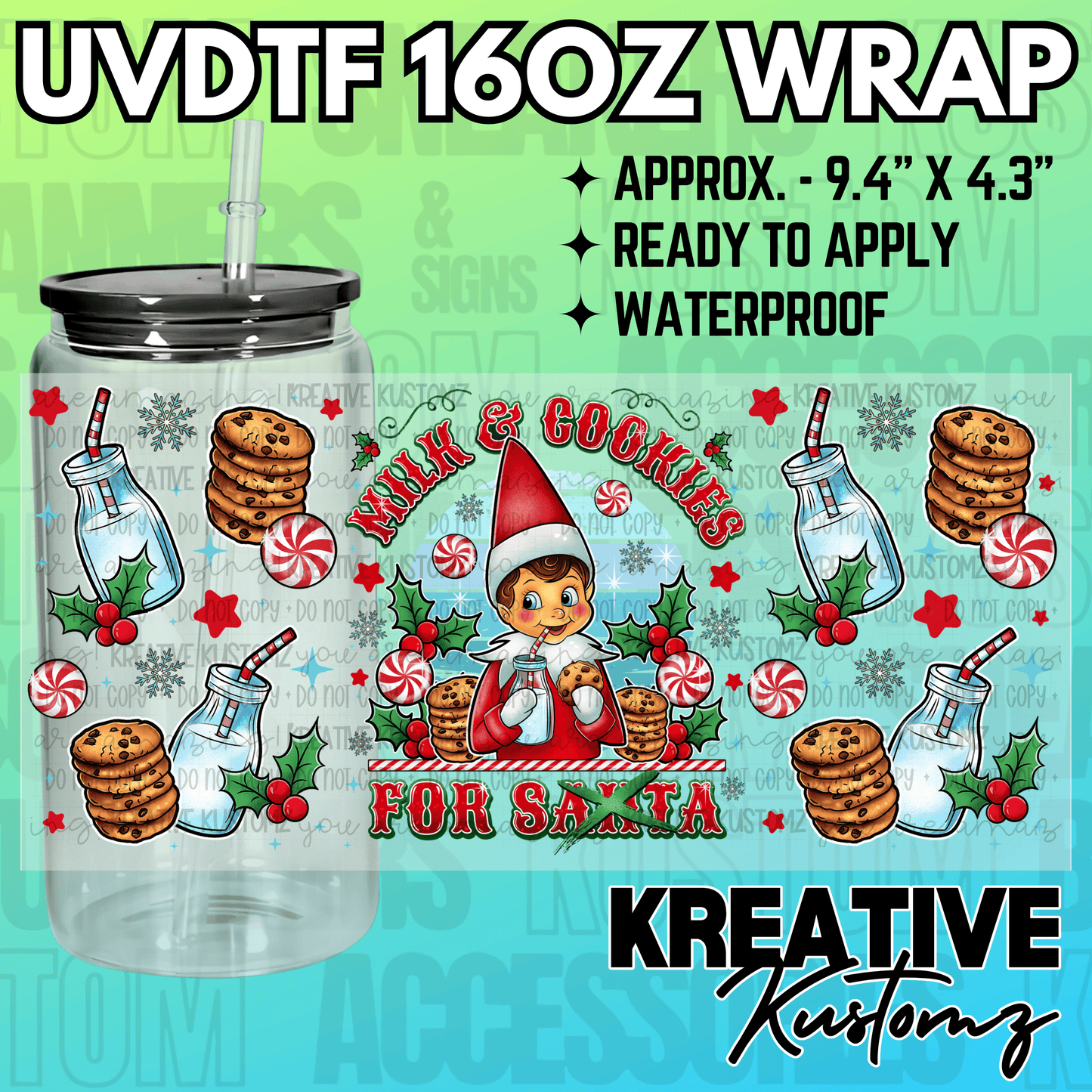 A Christmas-themed UV DTF wrap for a 16oz glass can featuring an elf, milk, and cookies.
