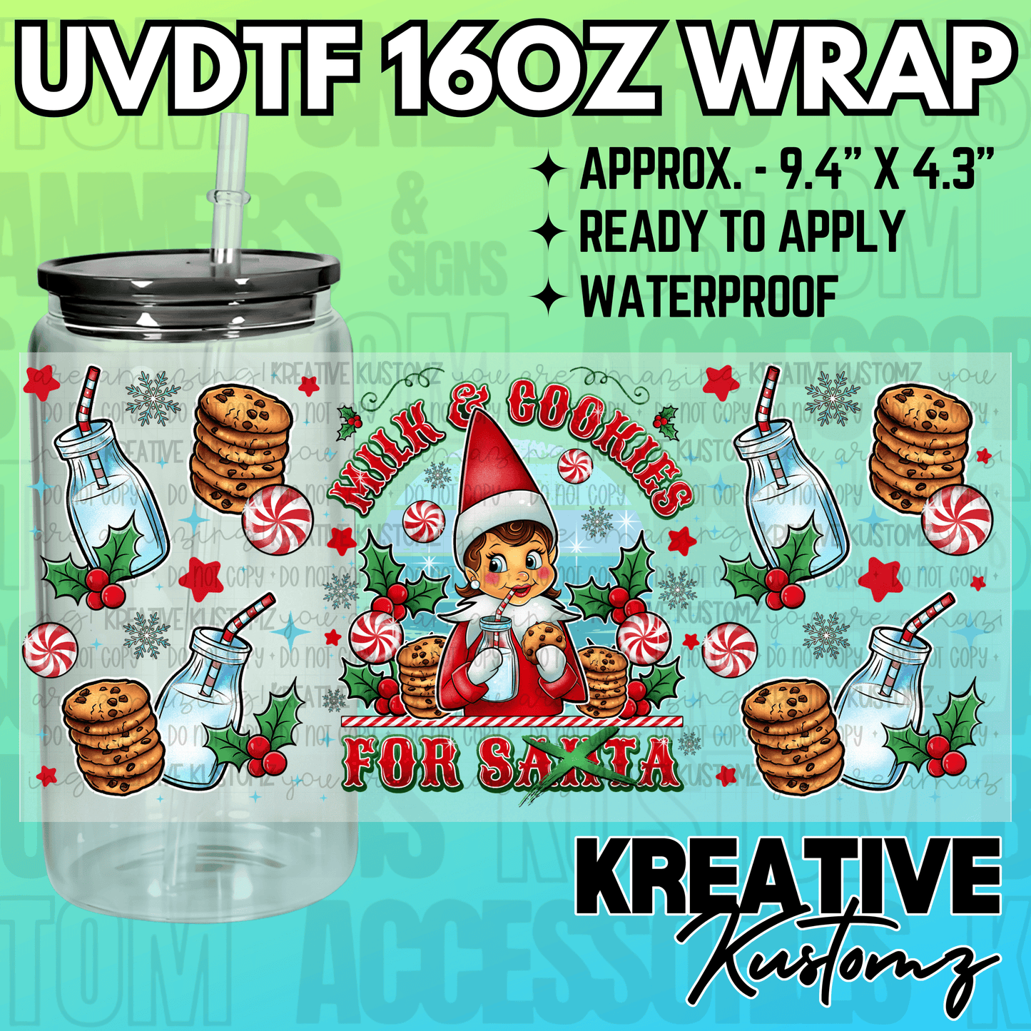 A Christmas themed UV DTF cup wrap featuring an elf, milk, cookies, and holly for 16oz glass cans.