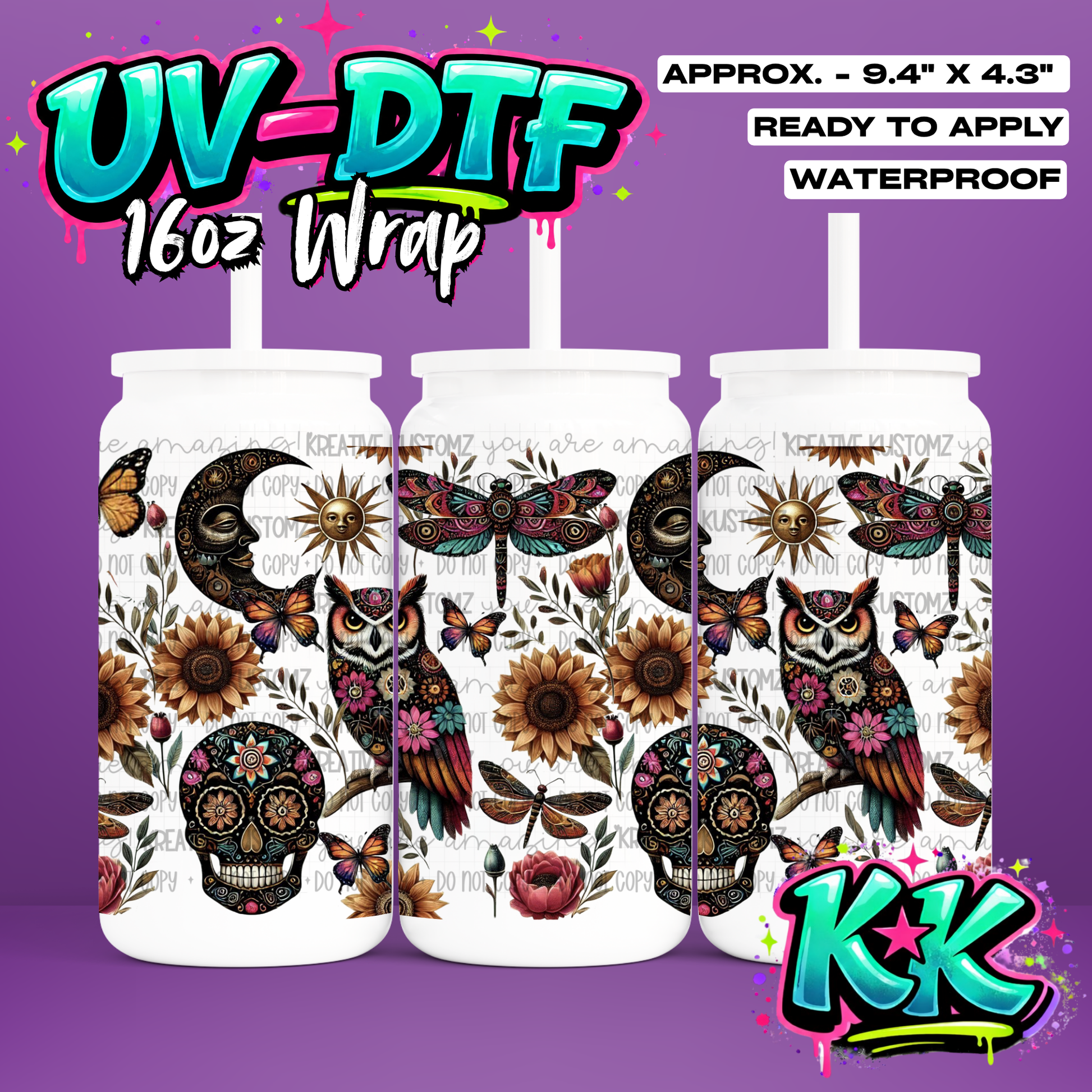 0079 | Butterfly Owl Design | UV DTF Cup Wrap for 16oz Libbey Glass