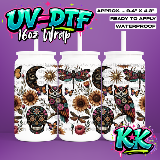 0079 | Butterfly Owl Design | UV DTF Cup Wrap for 16oz Libbey Glass