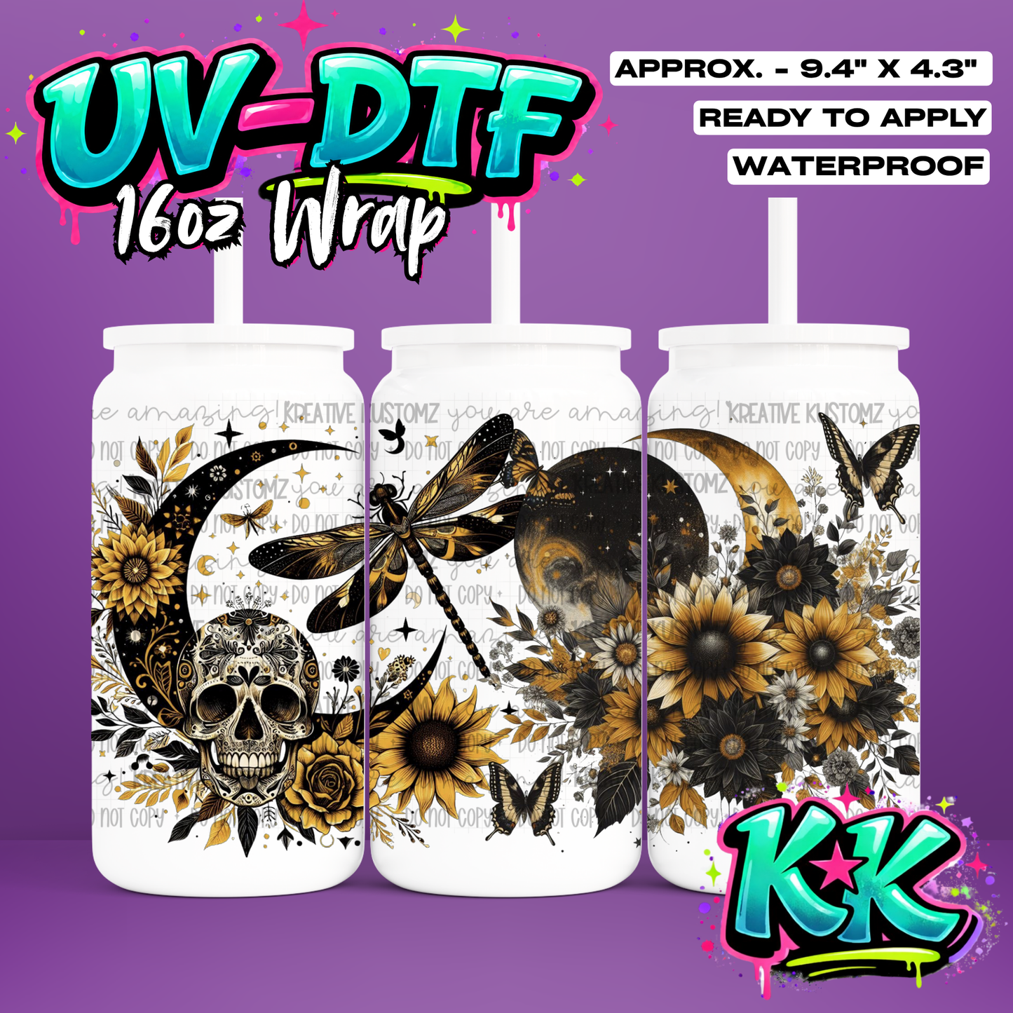 0083 | Butterfly Flower Design | UV DTF Cup Wrap for 16oz Libbey Glass