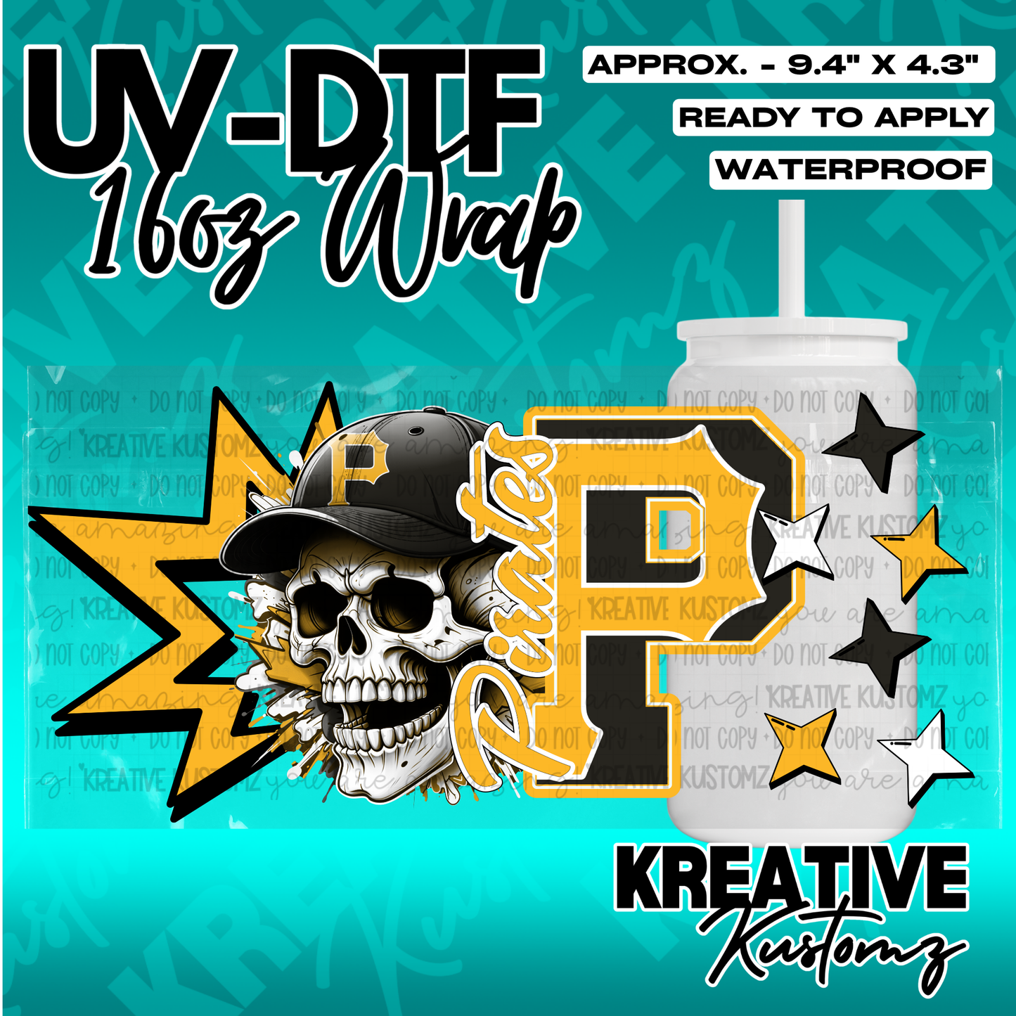 A UV DTF adhesive wrap for a 16oz glass cup featuring a skull wearing a baseball cap and a letter P.