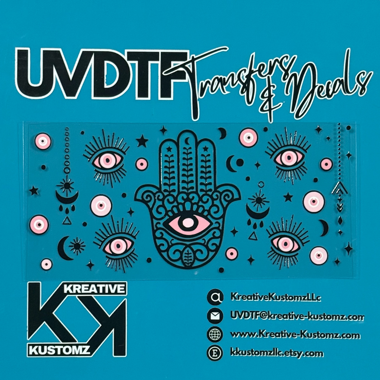 A Hamsa hand and evil eye themed UV DTF adhesive wrap for a 16oz glass can.