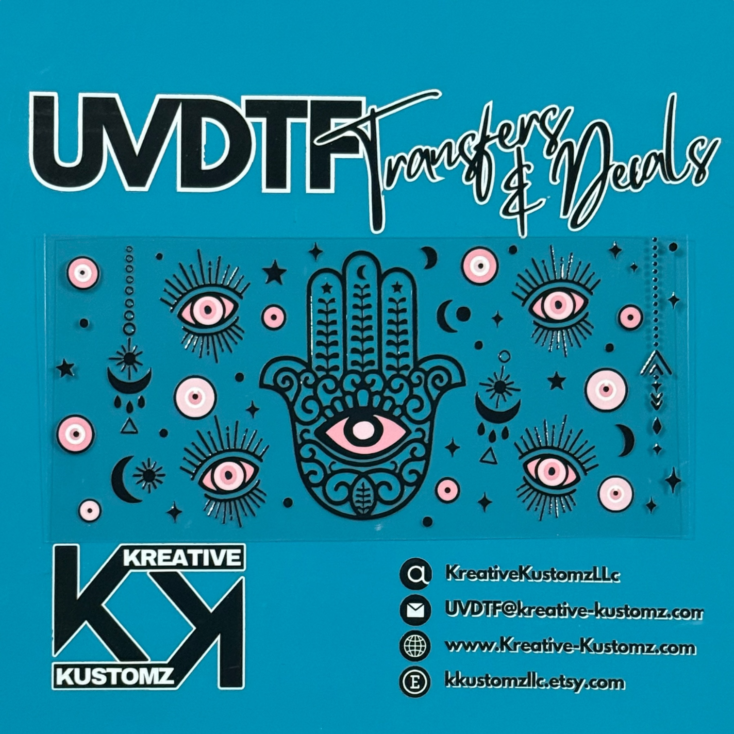 A Hamsa hand and evil eye themed UV DTF adhesive wrap for a 16oz glass can.
