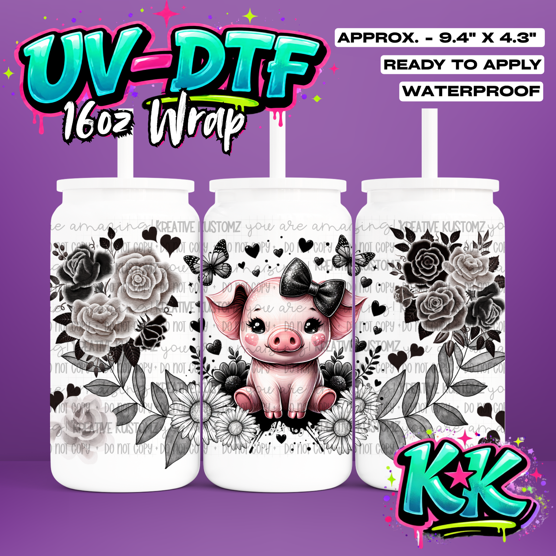RTS | Pig Flower Design | UV DTF Cup Wrap for 16oz Libbey Glass