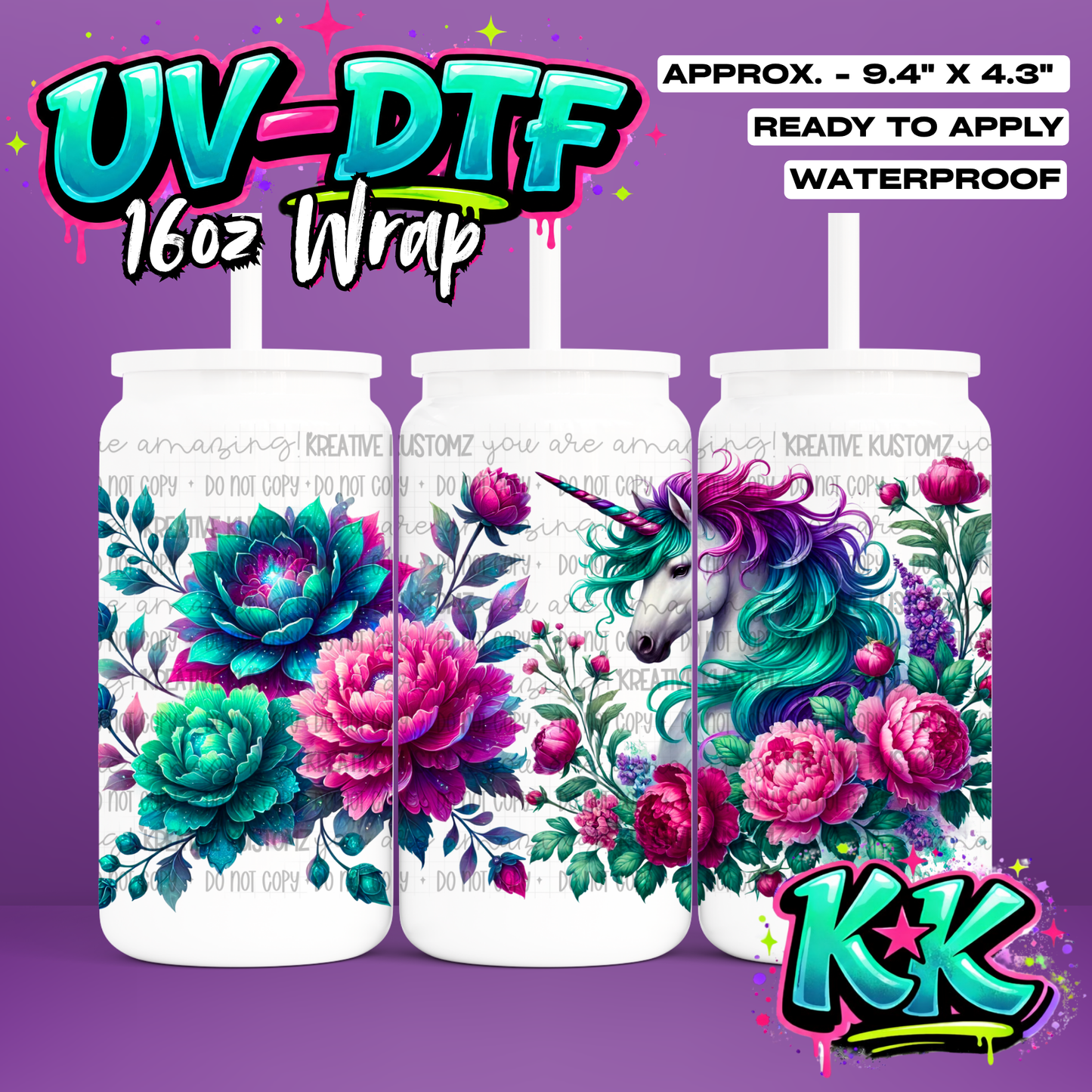0463 | Unicorn Flower Design | UV DTF Cup Wrap for 16oz Libbey Glass