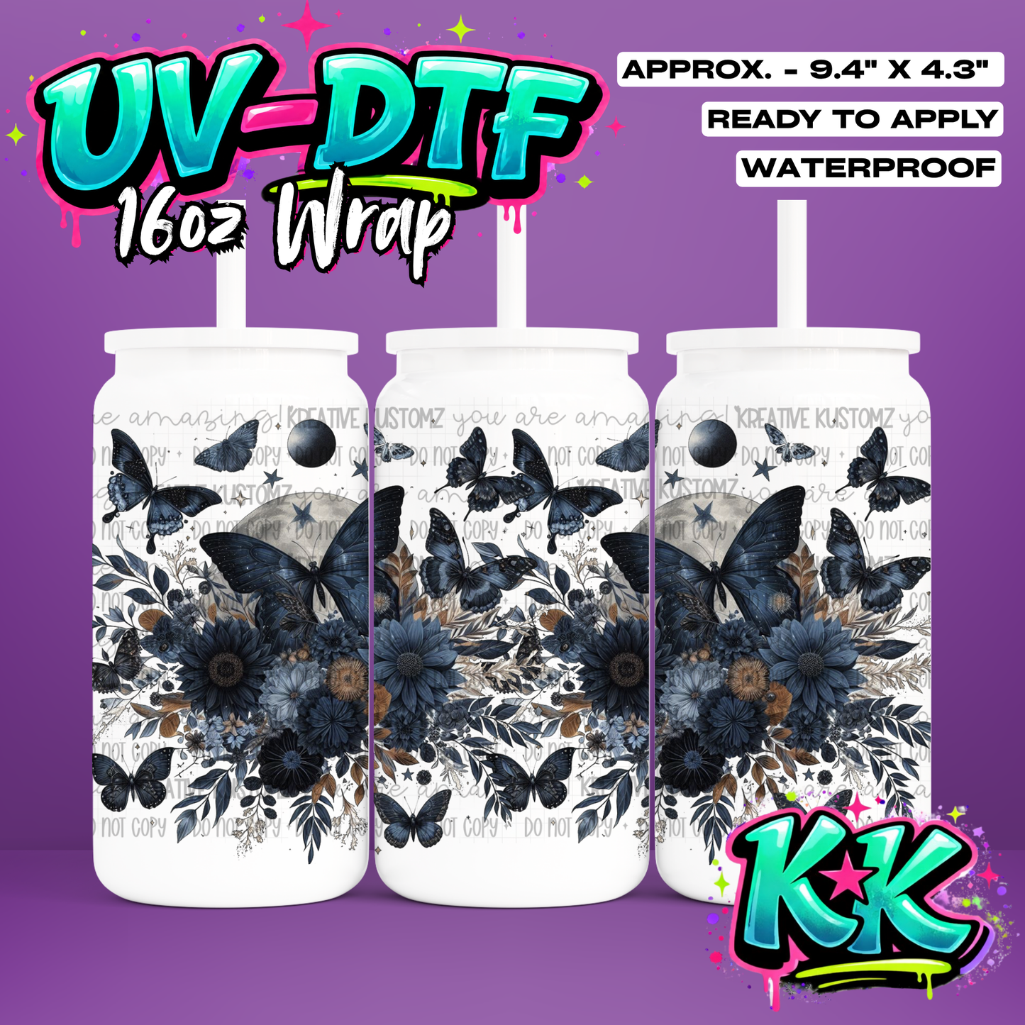 0478 | Butterfly Flower Design | UV DTF Cup Wrap for 16oz Libbey Glass