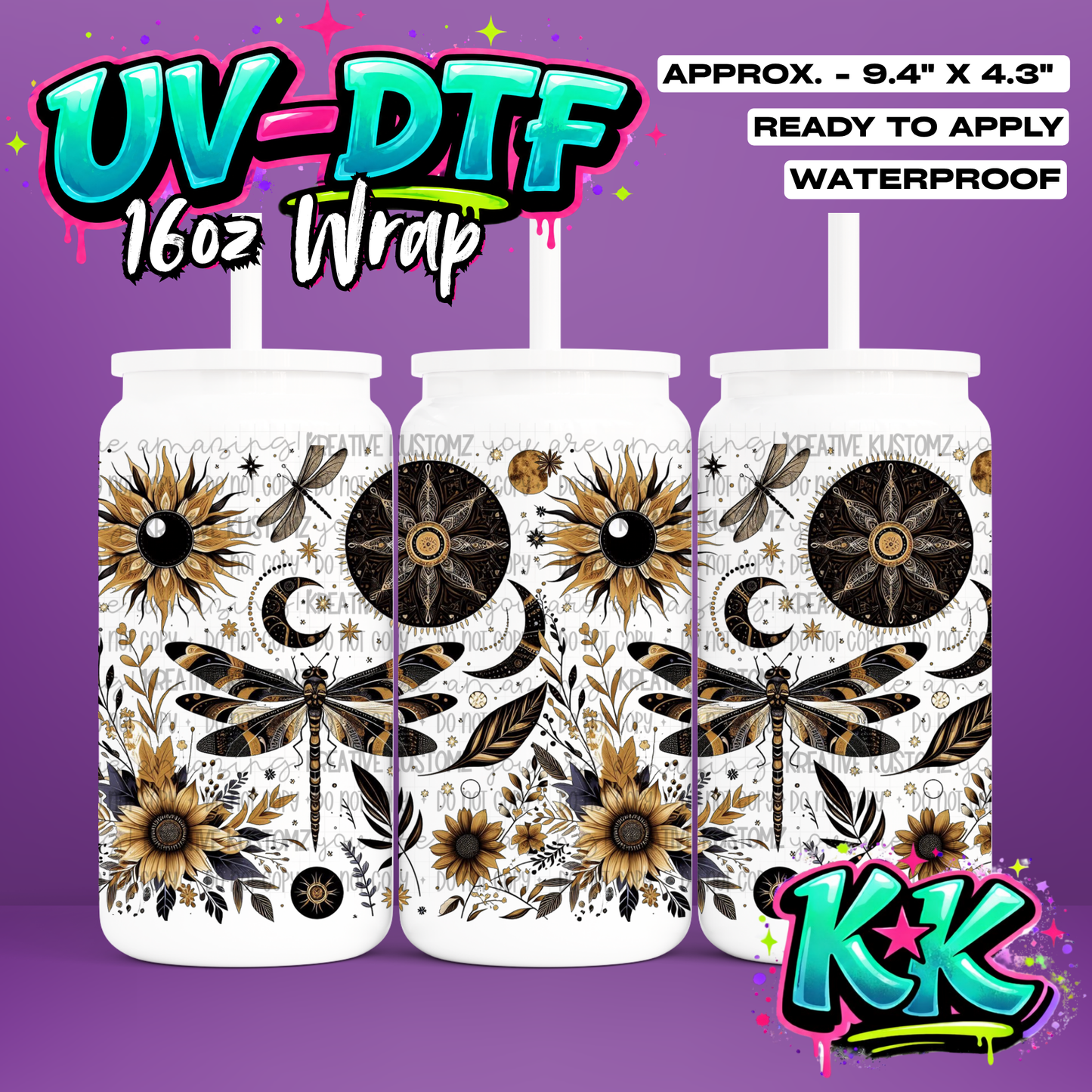 480 | Dragonfly Flower Design | UV DTF Cup Wrap for 16oz Libbey Glass