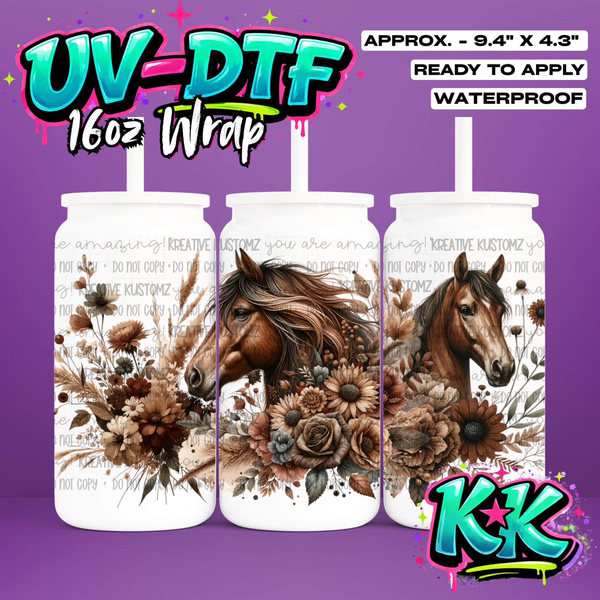 0568 | Horse Design | UV DTF Cup Wrap for 16oz Libbey Glass